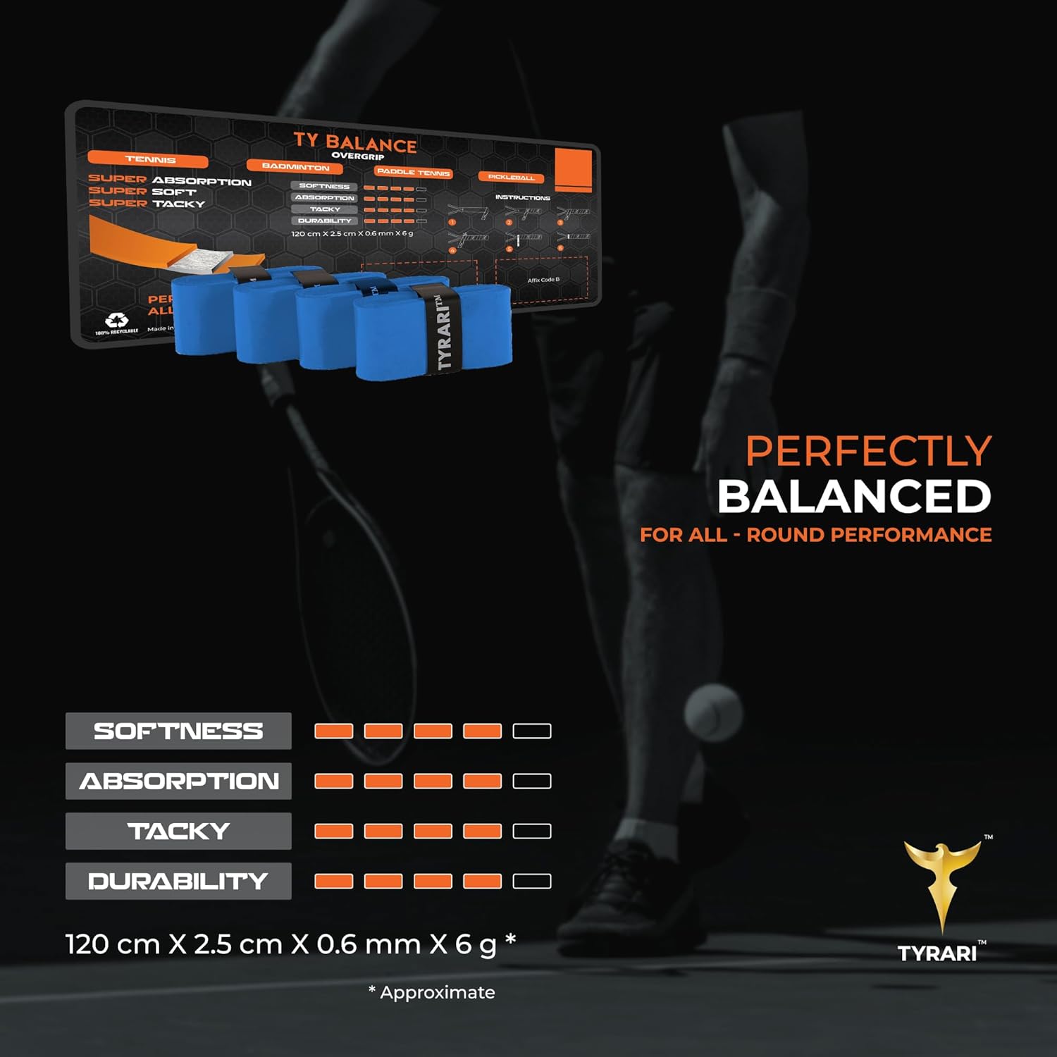 TYRARI Ty Balance Overgrip – Paquete de 4  Supreme Tackiness absorción equilibrada, ultra duradero, súper suave, agarre premium para tenis,
