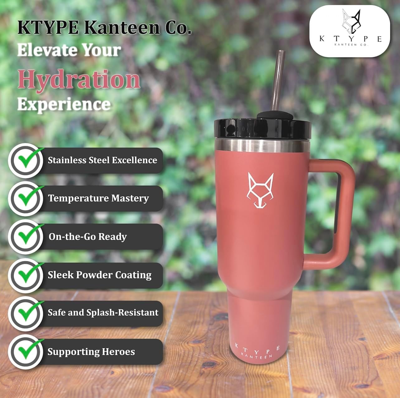 KTYPE Kanteen Vaso de acero inoxidable de 40 onzas con asa, tapa y pajita, recubierto de polvo o recubierto de goma, aislamiento al vacío de doble