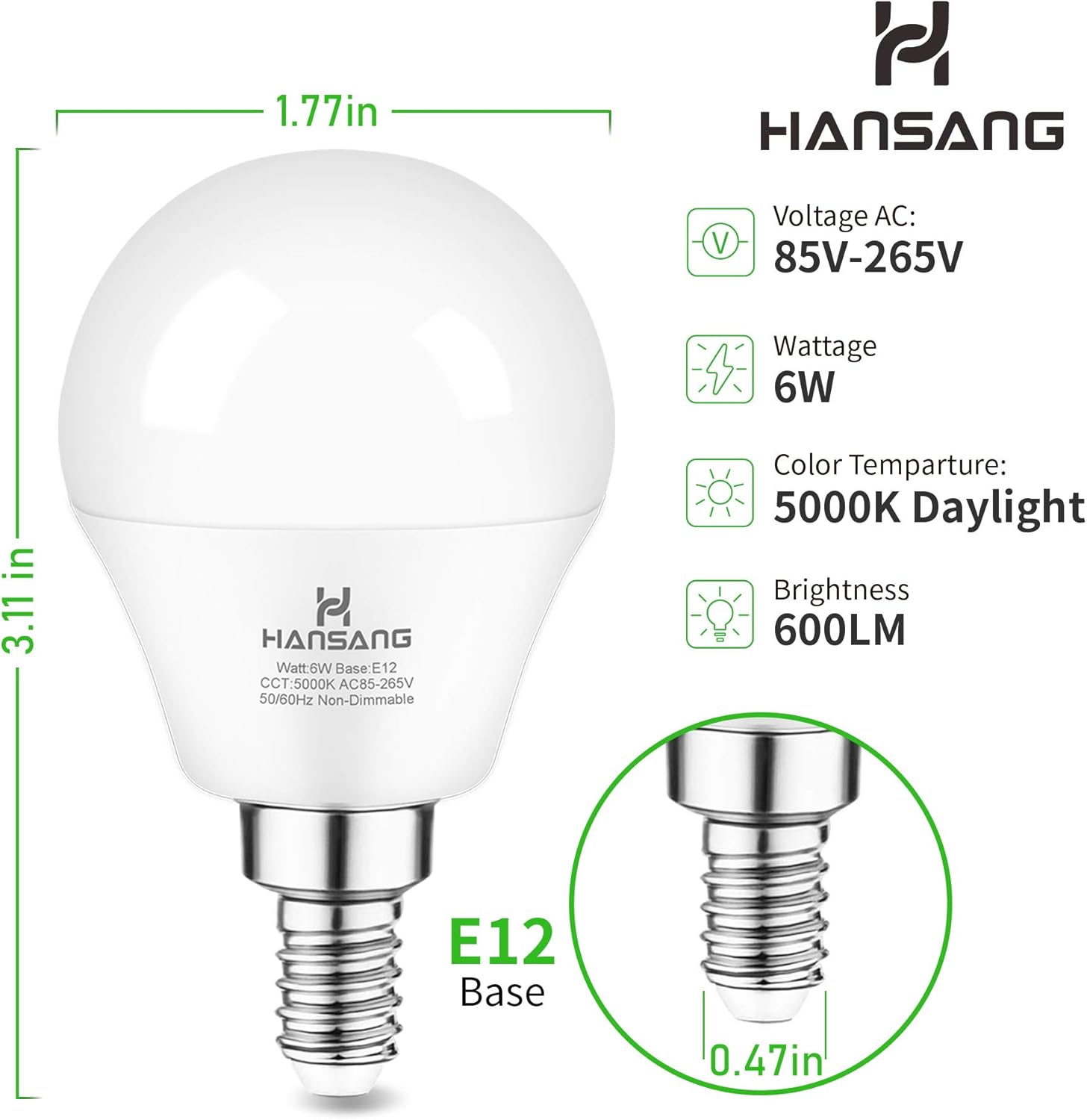 hansang Bombilla LED E12 de 5000 K, luz diurna, paquete de 8 bombillas para ventilador de techo, bombillas LED de candelabro A15 para candelabro,