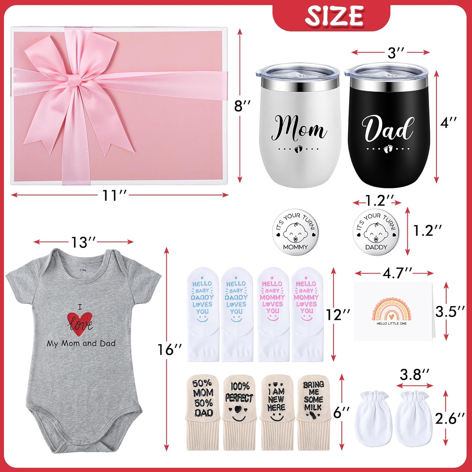 12 unidades de cesta de regalo para nuevos padres, regalos para mamá y papá, vasos 2024, mono, calcetines para bebé, moneda de decisión para baby