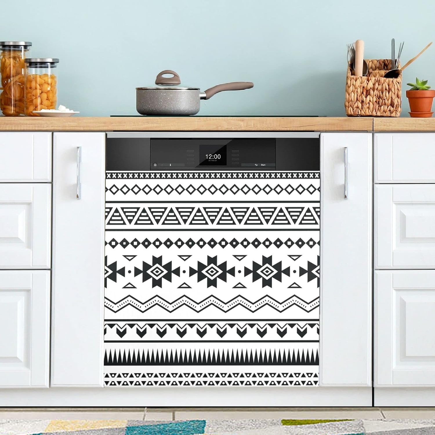 Kigai Funda magnética para lavavajillas, diseño tribal azteca navajo, negro, funda decorativa para lavavajillas, calcomanías de gabinete para el