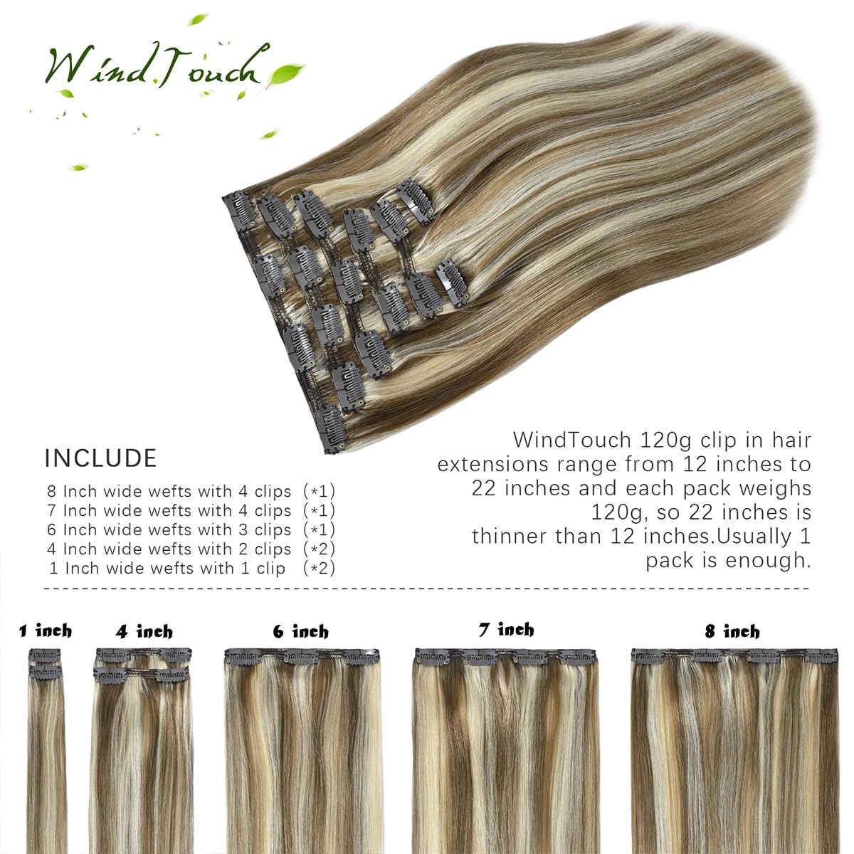 WindTouch Extensiones de cabello humano con clip, balayage, rubio ceniza degradado a rubio platino, cabeza completa, 14 pulgadas, 4.23 oz, 7 piezas