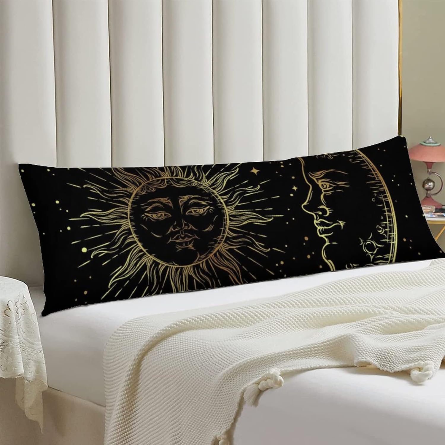 LynaRei Funda de almohada corporal de sol y luna dorada, funda de almohada larga con cremallera, color negro, rectangular, suave, grande, para el