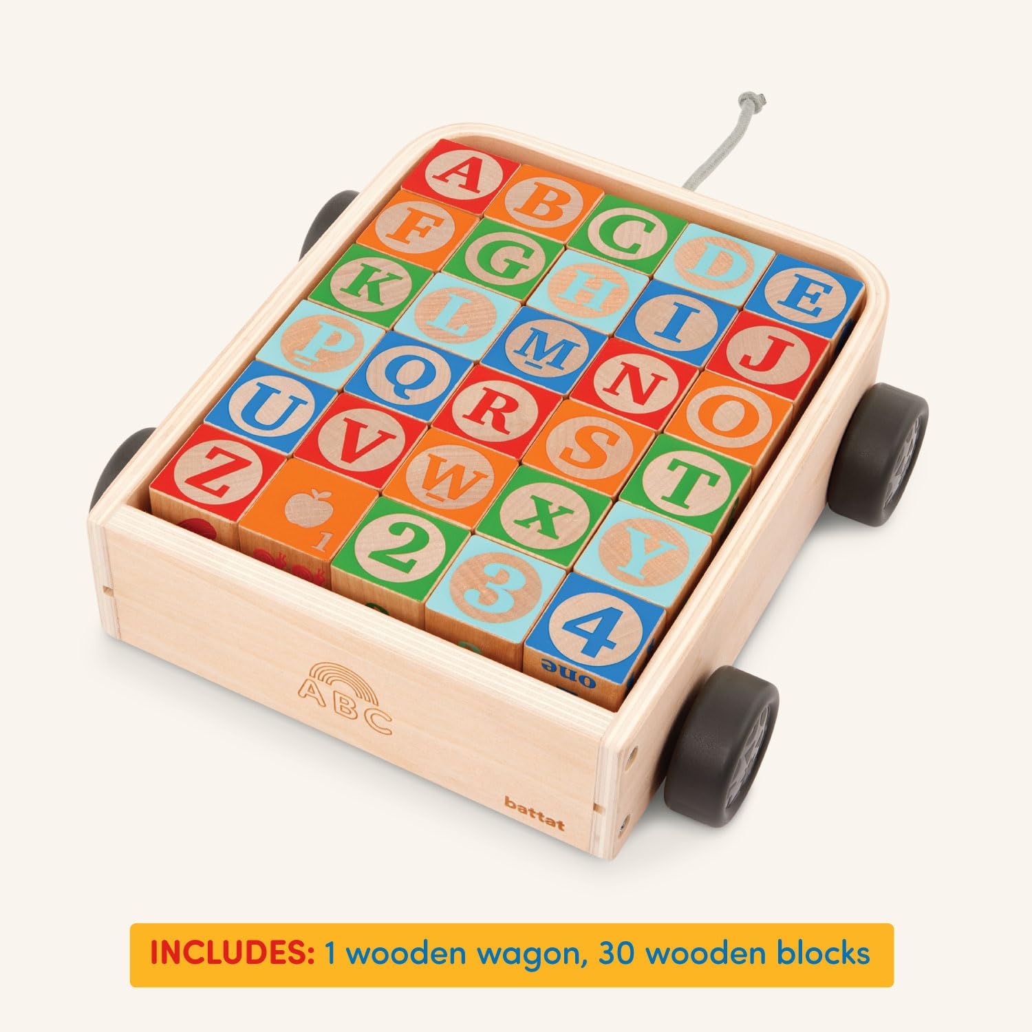 Battat Carro de madera ABC Block Wagon- 26 bloques del alfabeto en caja superior e inferior y número con carro de almacenamiento – Juguete apilable