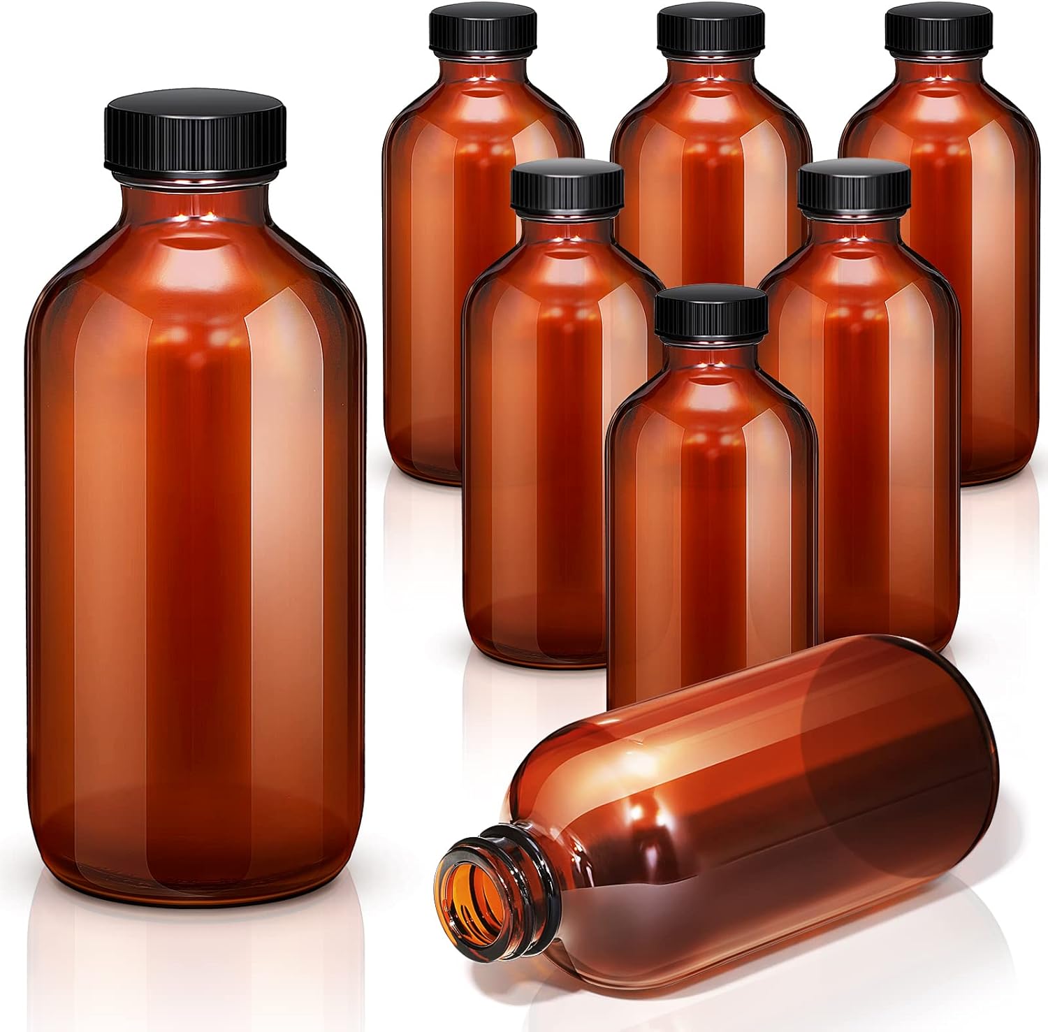 Nuenen Paquete de 16 vasos redondos de 8 onzas con tapa de cono de polietileno negro, botella de vidrio ámbar marrón para extracto de vainilla