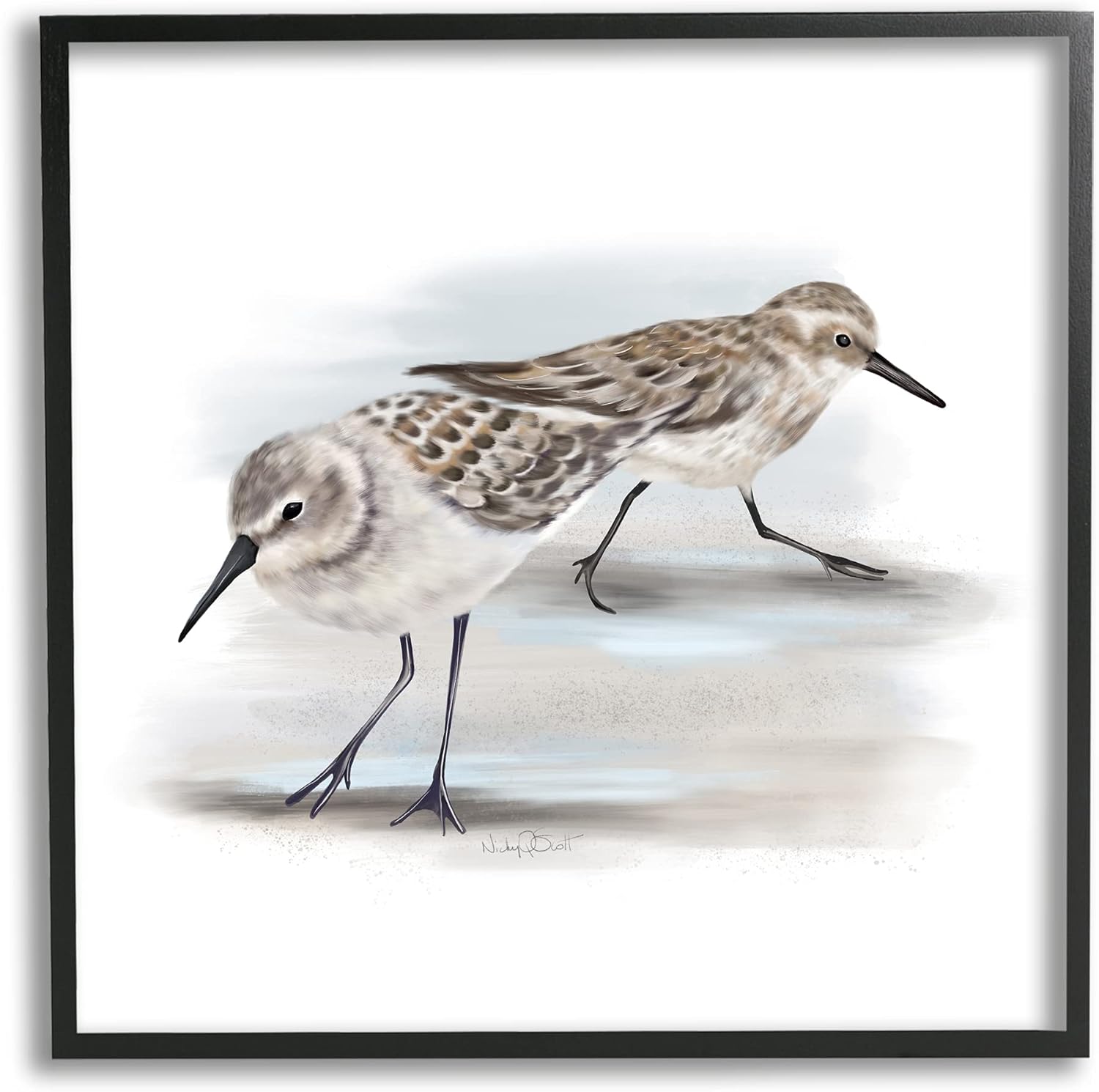 Stupell Industries Sandpiper – Par de pájaros náuticos pequeños en la playa de arena, diseñado por Studio Q, arte de pared enmarcado negro, 17 x 17