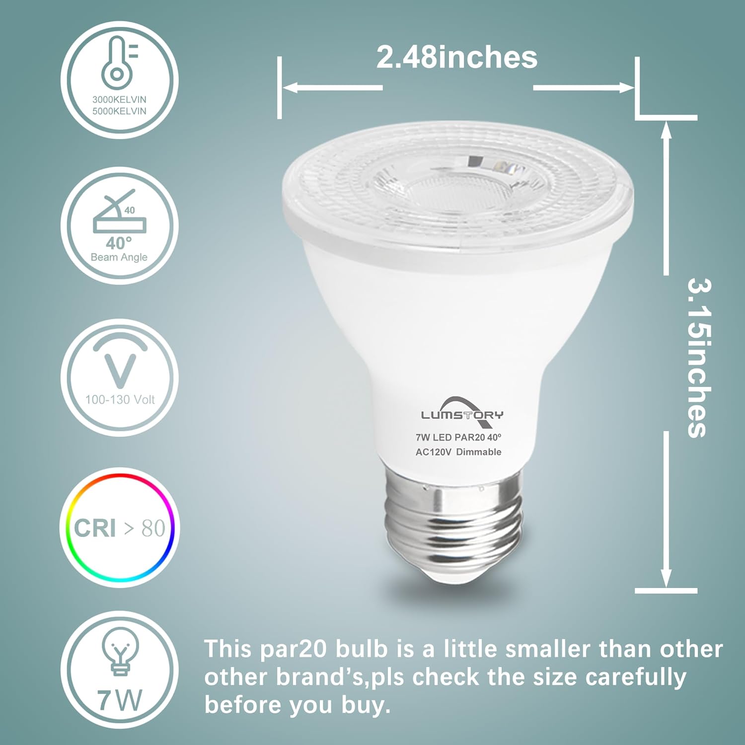 LumStory Paquete de 12 bombillas LED PAR20 de 5000 K, luz diurna blanca, regulable, 7 W, 600 lúmenes, 50 W, 60 W, equivalente a halógeno, foco E26,