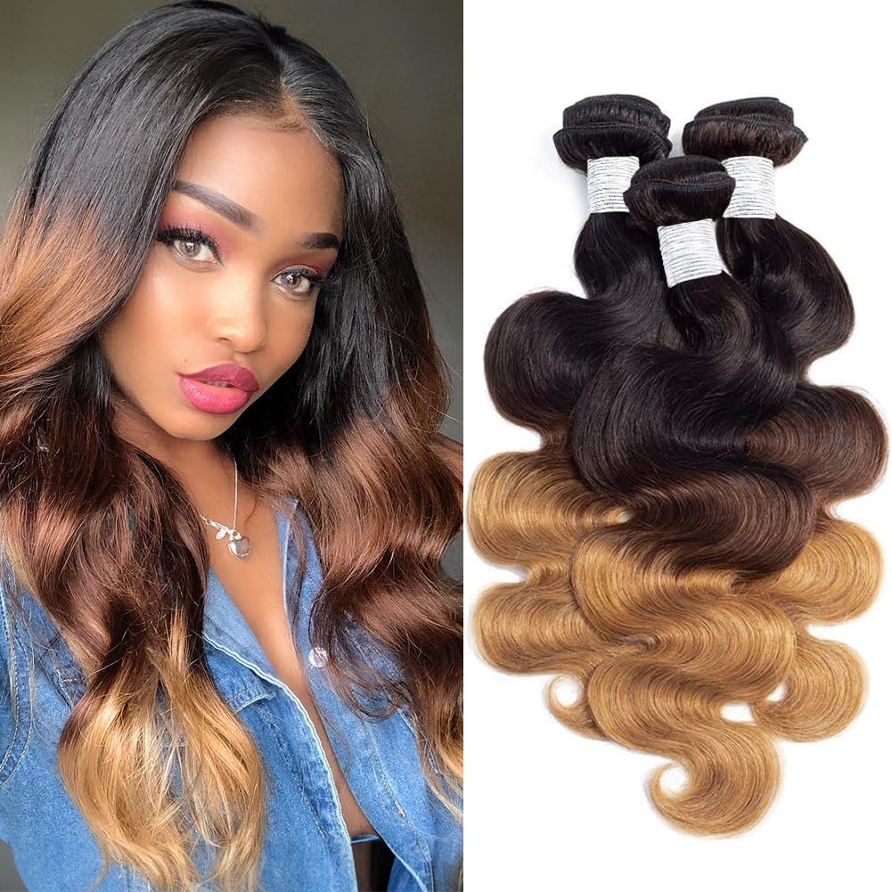 Wingirl Extensiones de cabello humano degradado de grado 10A rubio miel (T1B427 18 20 22 pulgadas) 100% sin procesar, mechones de cabello humano