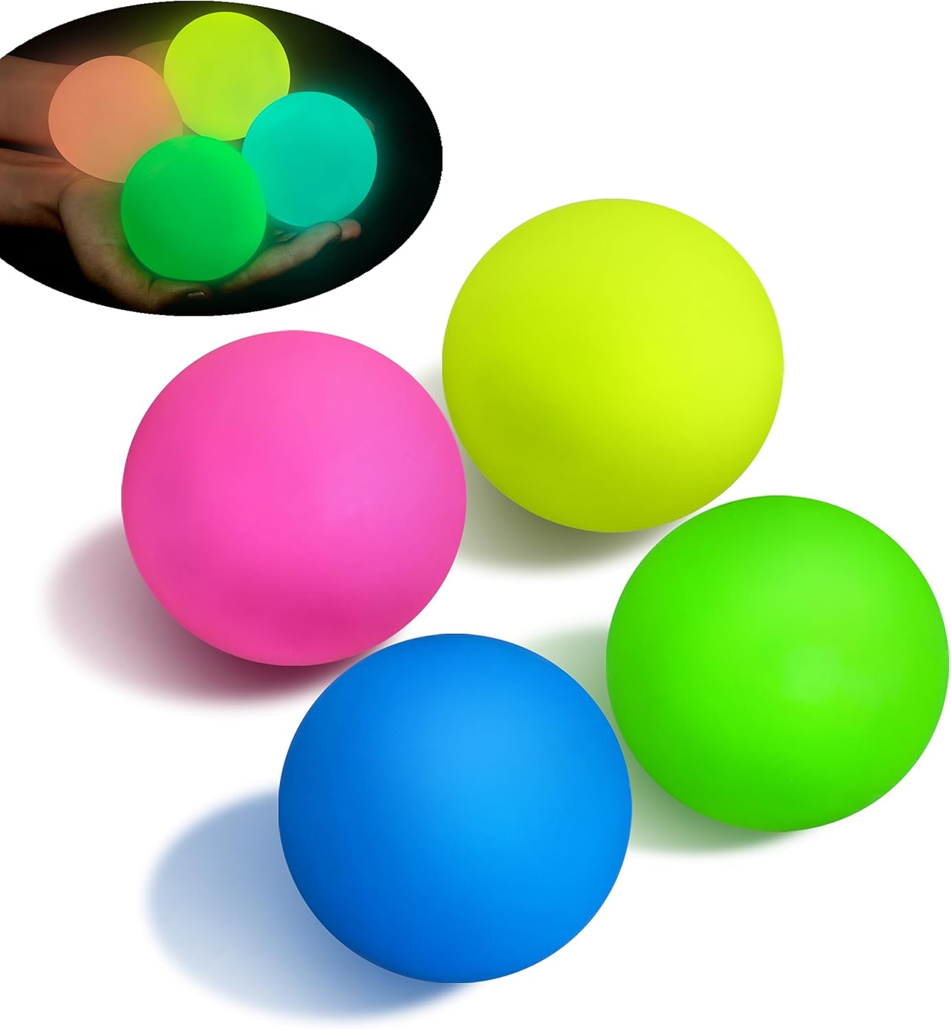 4 bolas de estrés que brillan en la oscuridad para niños, adolescentes y adultos, bolas adhesivas de 2.4 pulgadas, juguetes blandos para recuerdos