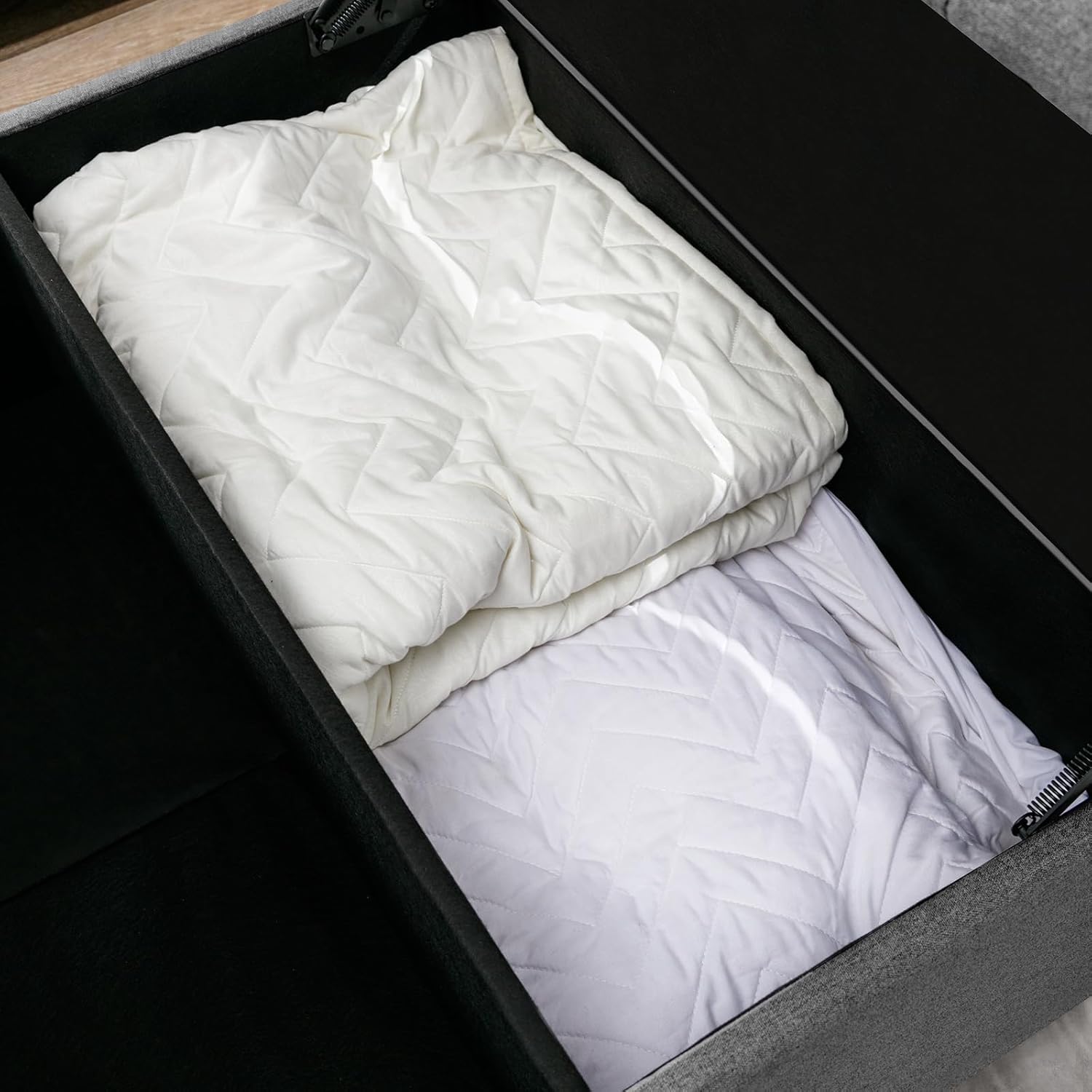 Mesa de centro otomana con elevador, otomana cuadrada con almacenamiento, tela de lino y patas de madera, reposapiés tapizado con asiento acolchado