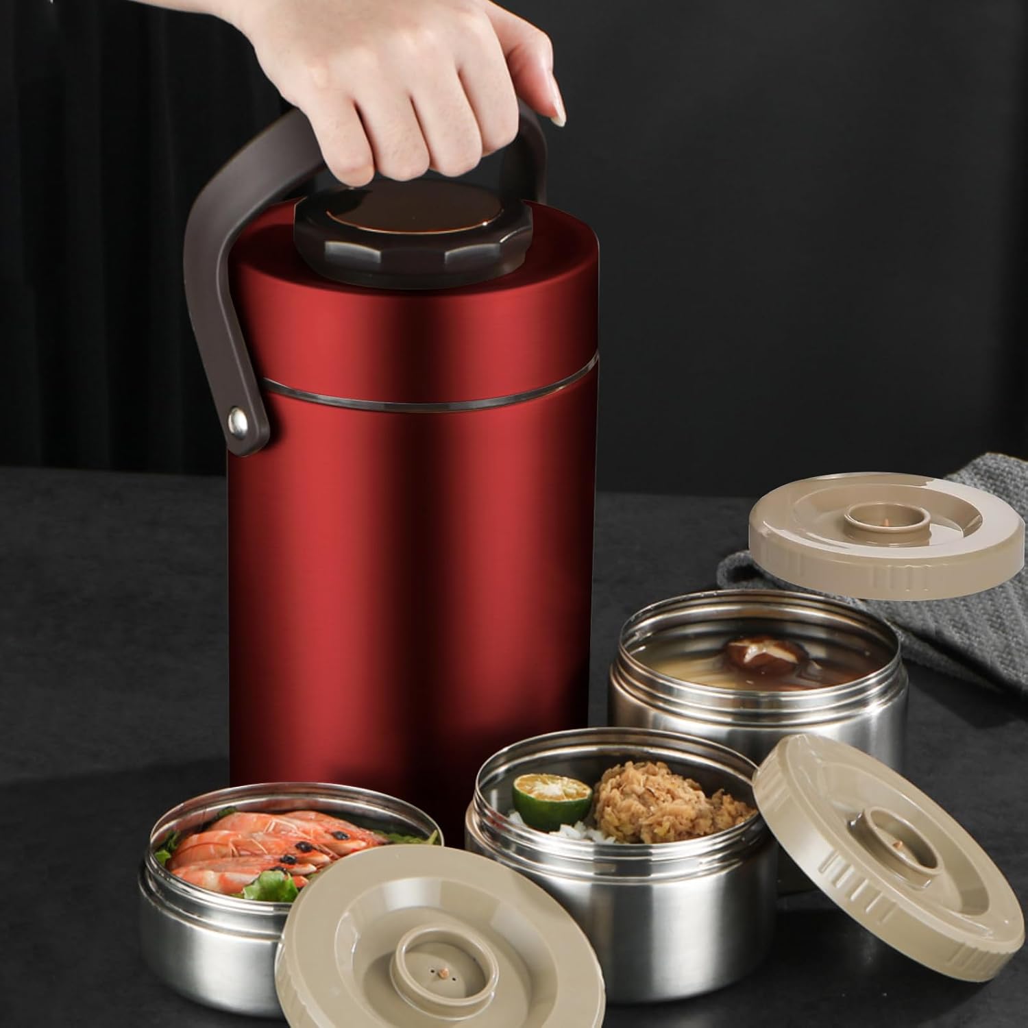 Termo para comida caliente, tarro apilable de 3 capas de 67 onzas para adultos, contenedor de sopa sellado de boca ancha con bolsa de almuerzo y
