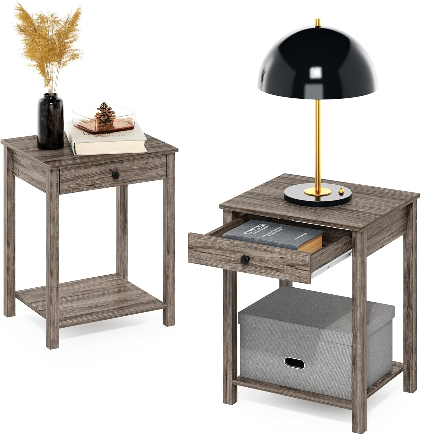 Furinno Classic – Mesa auxiliar con cajón, paquete de 2unidades, roble rústico