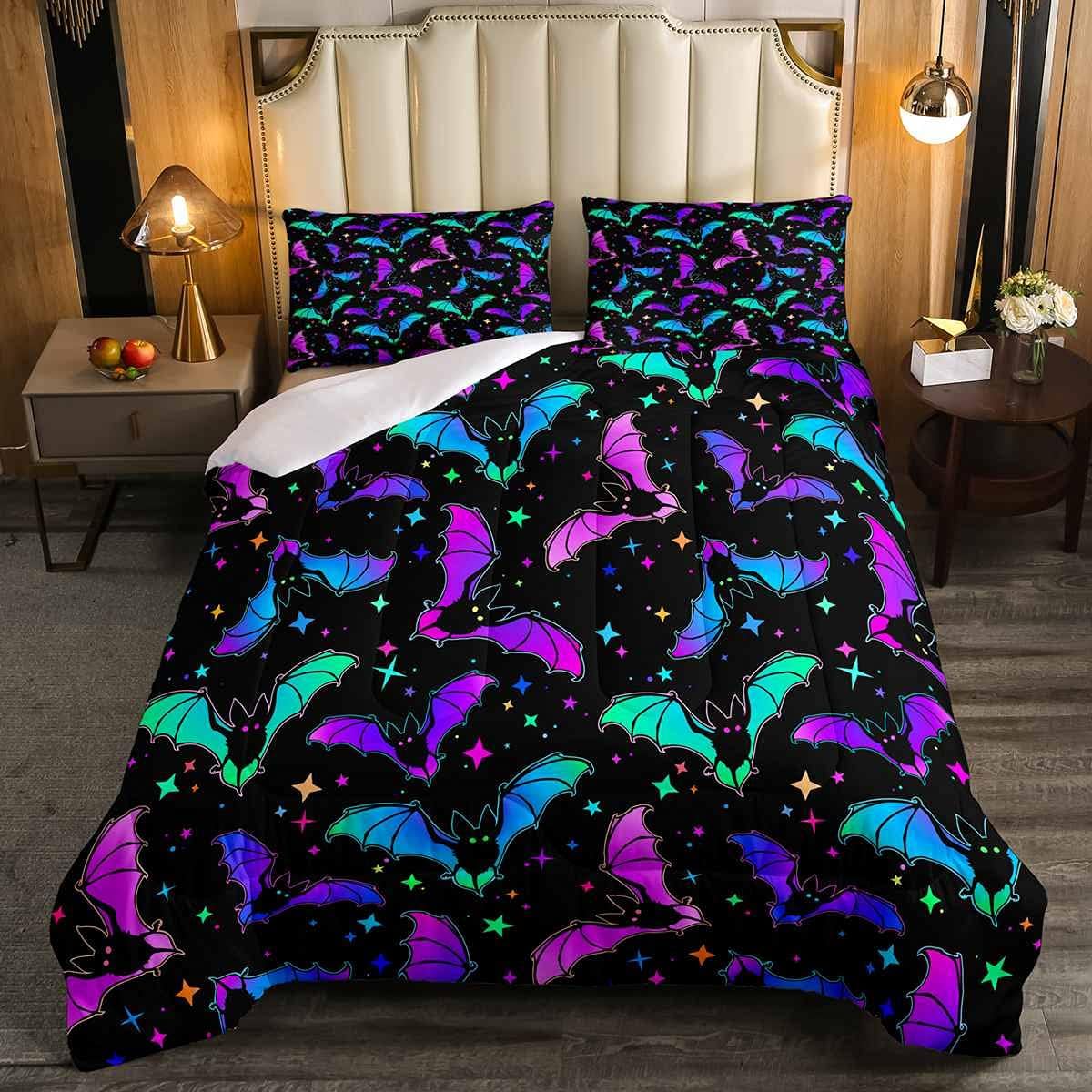 Feelyou Juego de ropa de cama con diseño de murciélagos, color verde azulado y morado, juego de edredón degradado para niños y niñas, 2 fundas de
