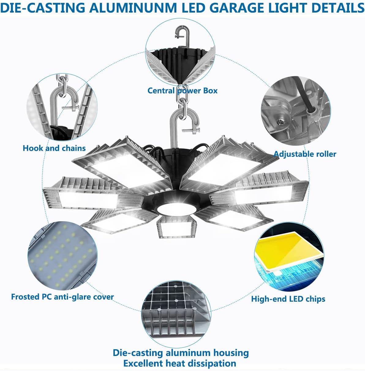 Luces LED de alta bahía, 250 W, 30000 lúmenes, 6500 K, luz diurna, paquete de 2 con 7 paneles deformables, luz LED de alta bahía para tienda de