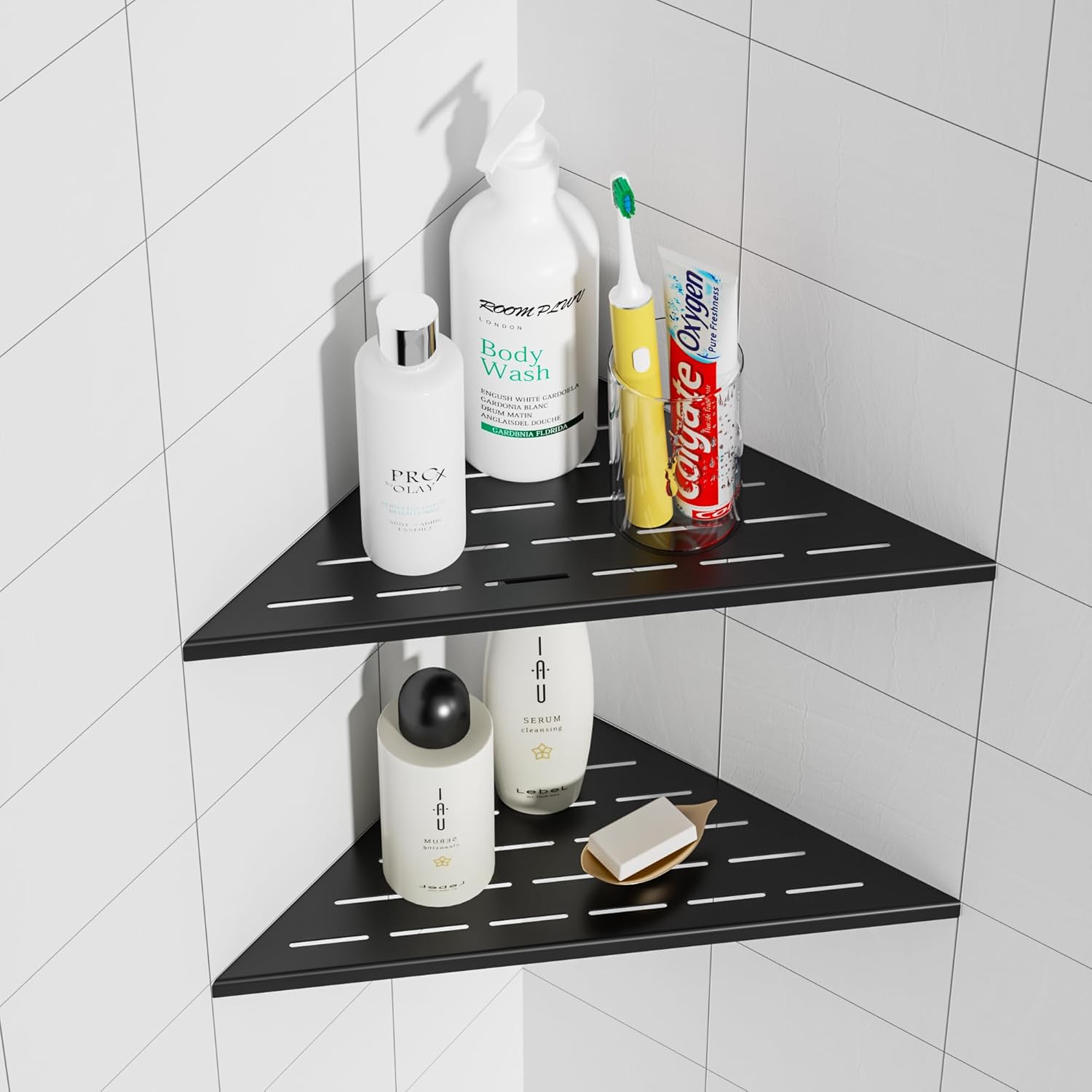 Neodrain Juego de 2 estantes esquineros de pared de color negro mate de 12 pulgadas, estantes de esquina flotantes para pared, estantes de