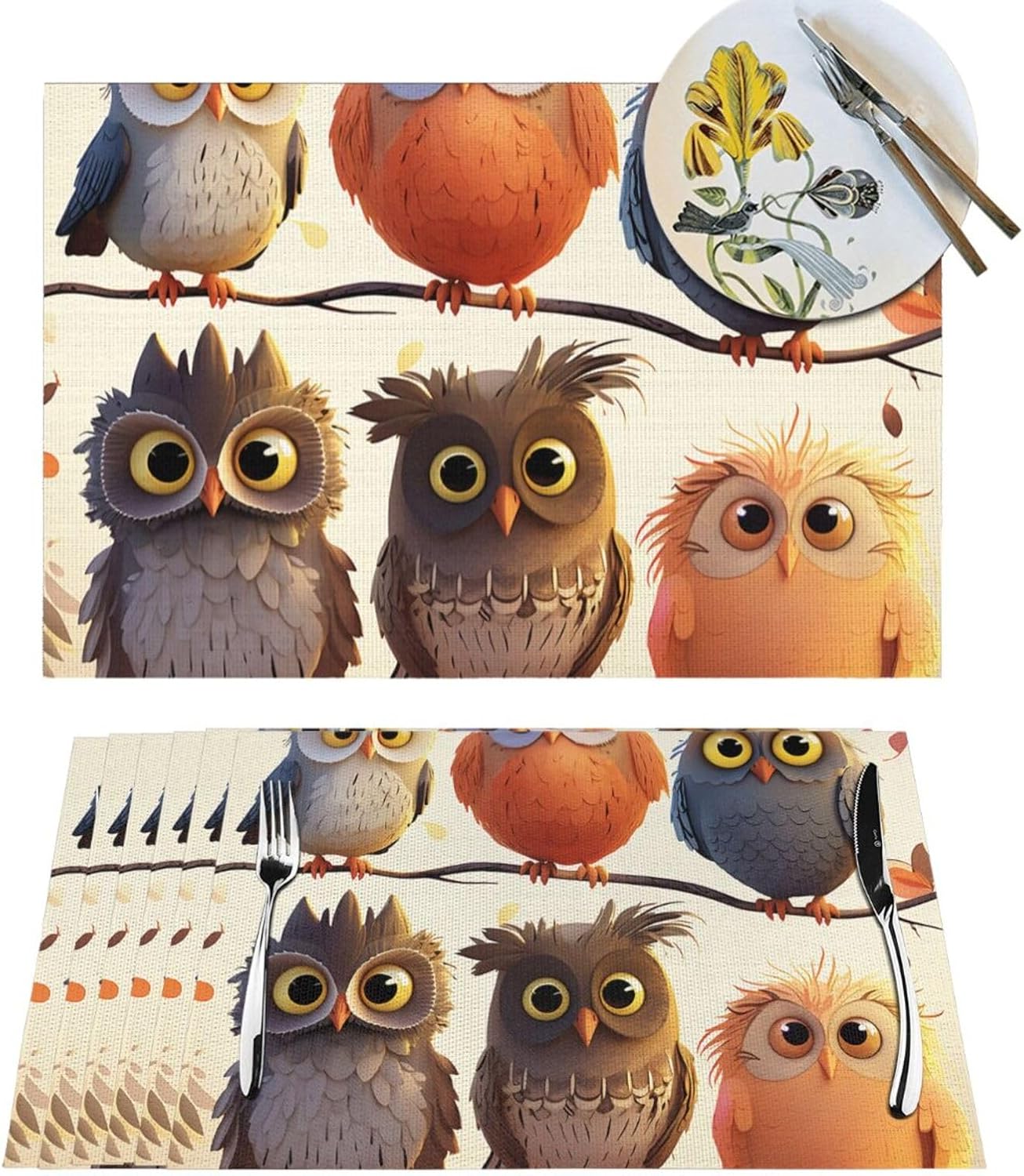 1 juego de manteles individuales de PVC con estampado de búhos y pájaros, manteles individuales tejidos de PVC, antideslizantes, resistentes al