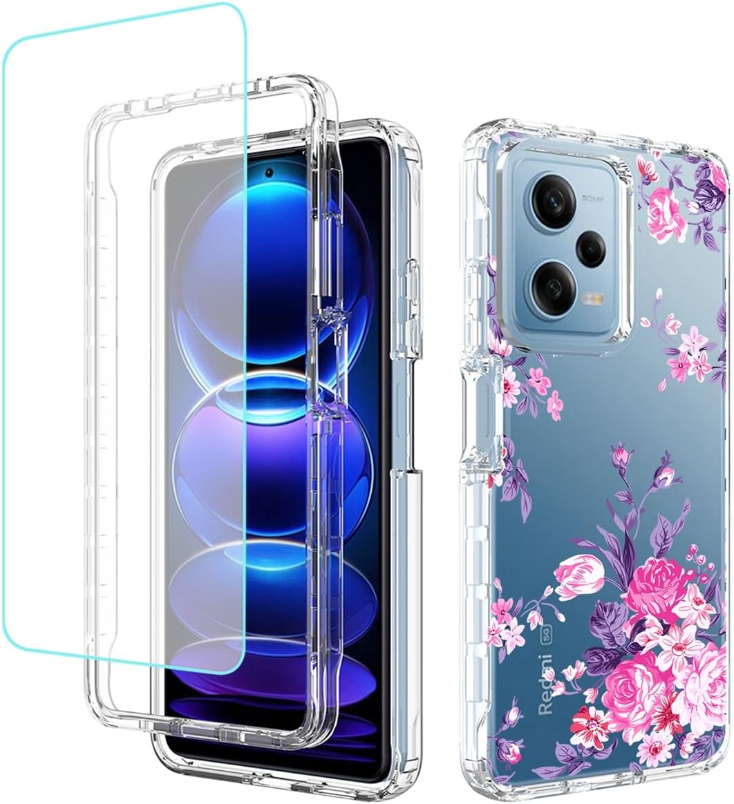 sidande Funda para Redmi Note 12 Pro, Poco X5 Pro 5G 22101320G con protector de pantalla de vidrio templado, cubierta protectora de TPU transparente