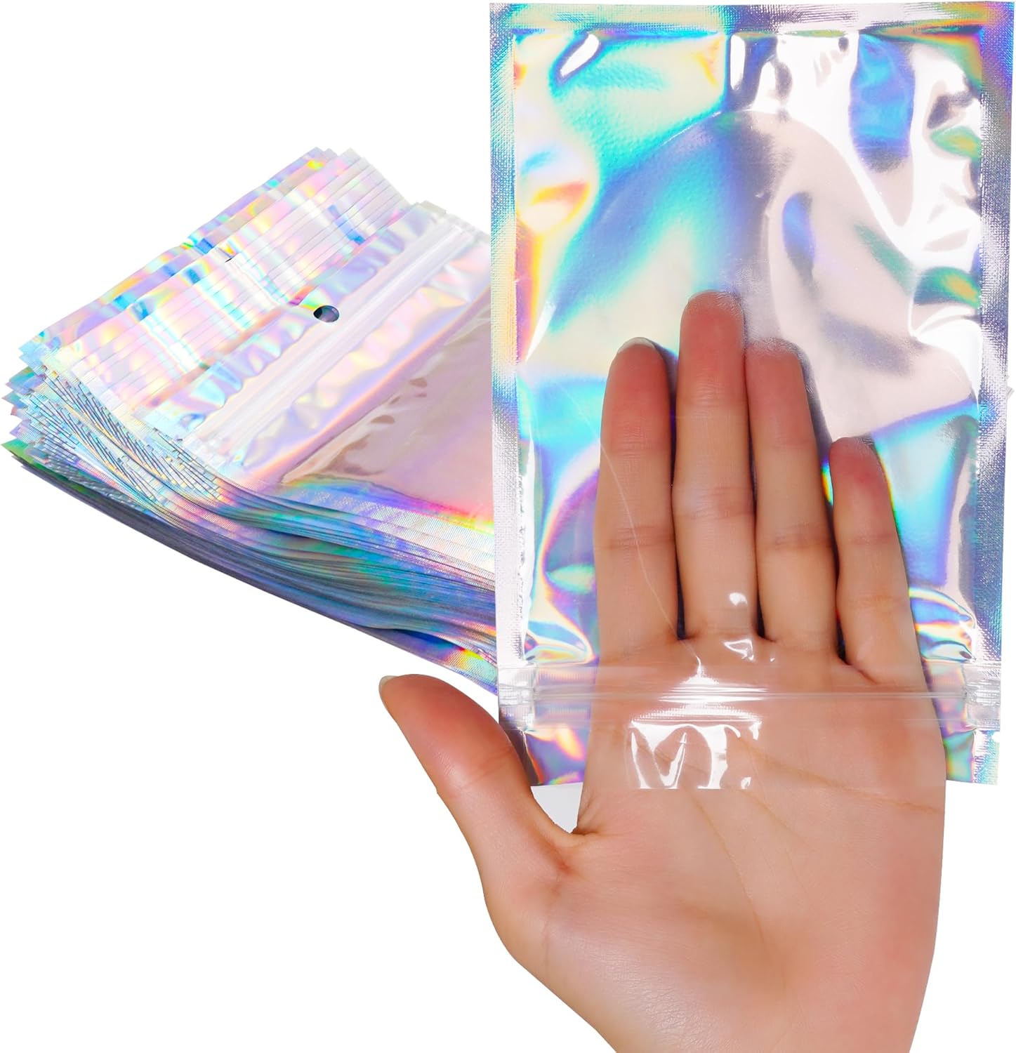 100 bolsas de embalaje holográficas resellables para pequeñas empresas, bolsas de muestra de aluminio, bonitas bolsas de almacenamiento a prueba de