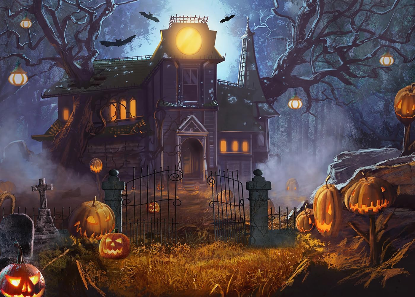 Dudaacvt Telón de fondo de Halloween de 8 x 6 pies, noche de terror, luna, cementerio, calabaza, farol, telón de fondo para Halloween, niños,