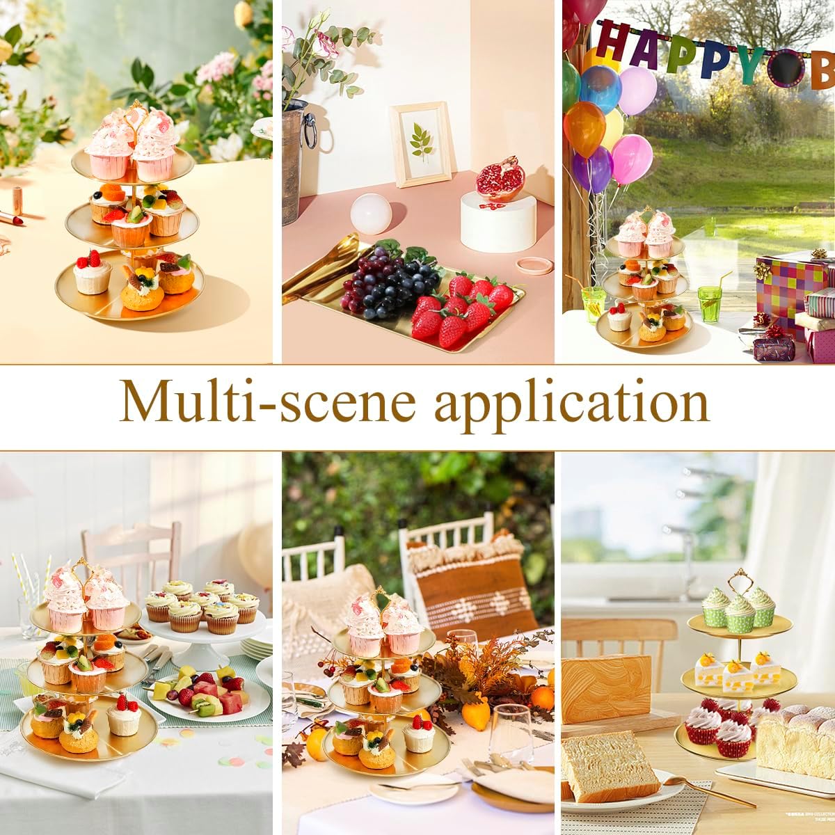 Juego de 6 soportes dorados para cupcakes, juego de exhibición de mesa de postres de acero inoxidable, 2 soportes para pasteles de 3 niveles, 2