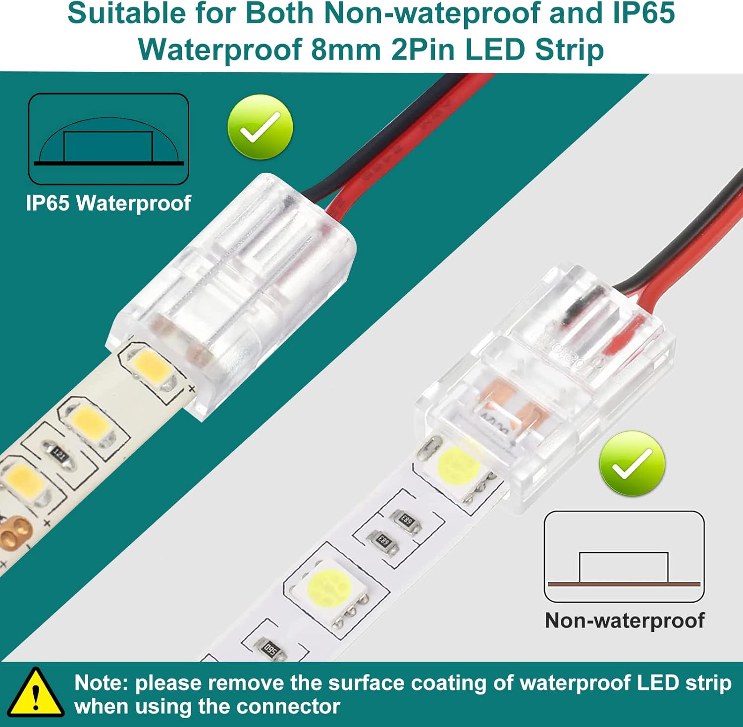 Tira de luces LED Conectores de 2 PIN, 65.6 pies, 2 conductores, cable LED, 2 PIN, conector LED sin soldadura, 2 PIN, conector de tira LED de 0.315