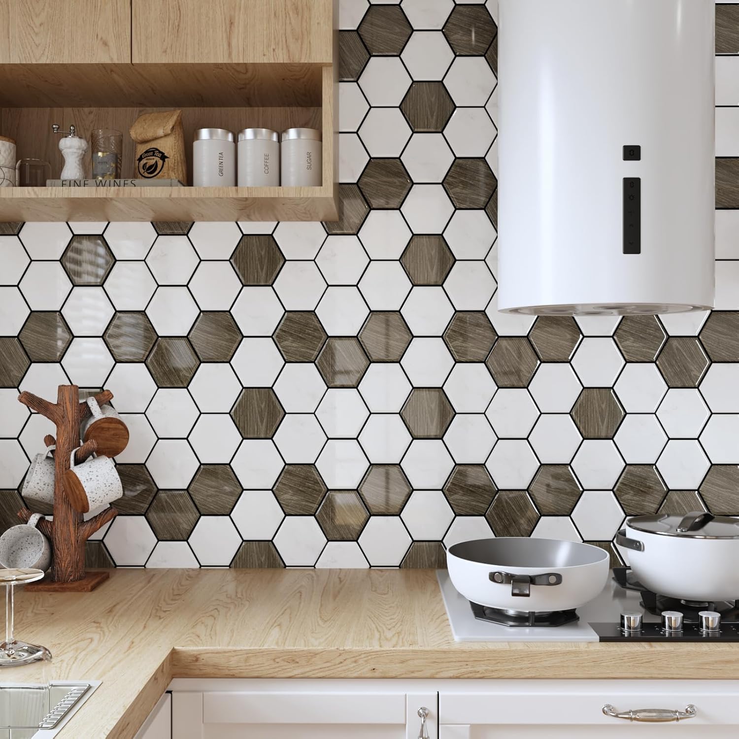 CRE8TIVE 4 hojas de azulejos hexagonales para despegar y pegar contra salpicaduras de 12 x 12 pulgadas para pegar en el muro para cocina,