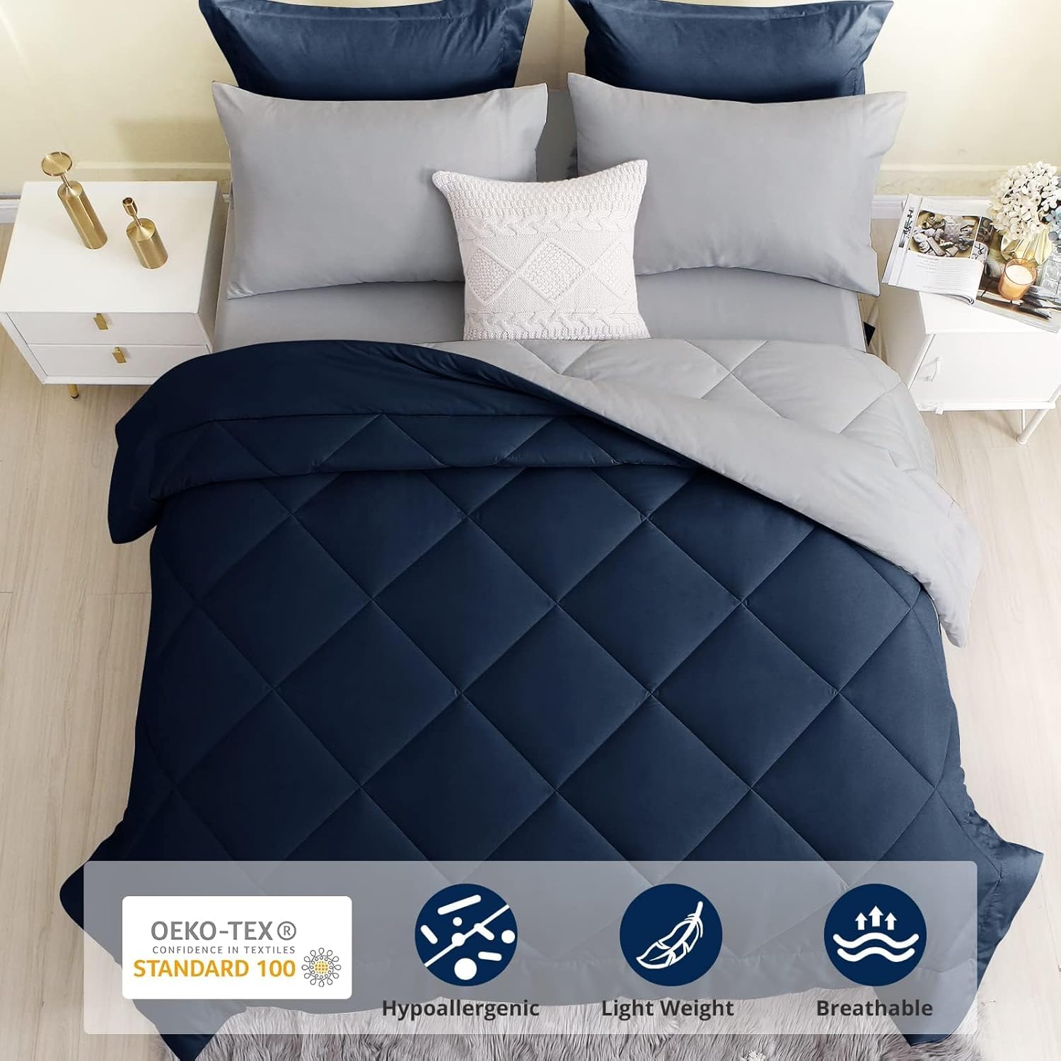 HEVUMYI Juego de edredón de tamaño matrimonial de 7 piezas, juego de edredón reversible para todas las estaciones, juegos de ropa de cama ultra