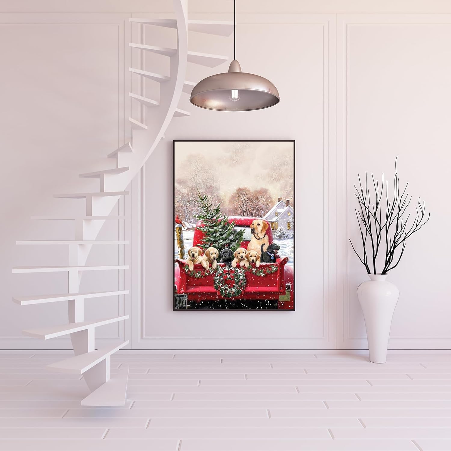 Kits de pintura de diamantes 5D de Navidad para adultos principiantes, perros de invierno, camión, arte redondo de diamantes de taladro completo,