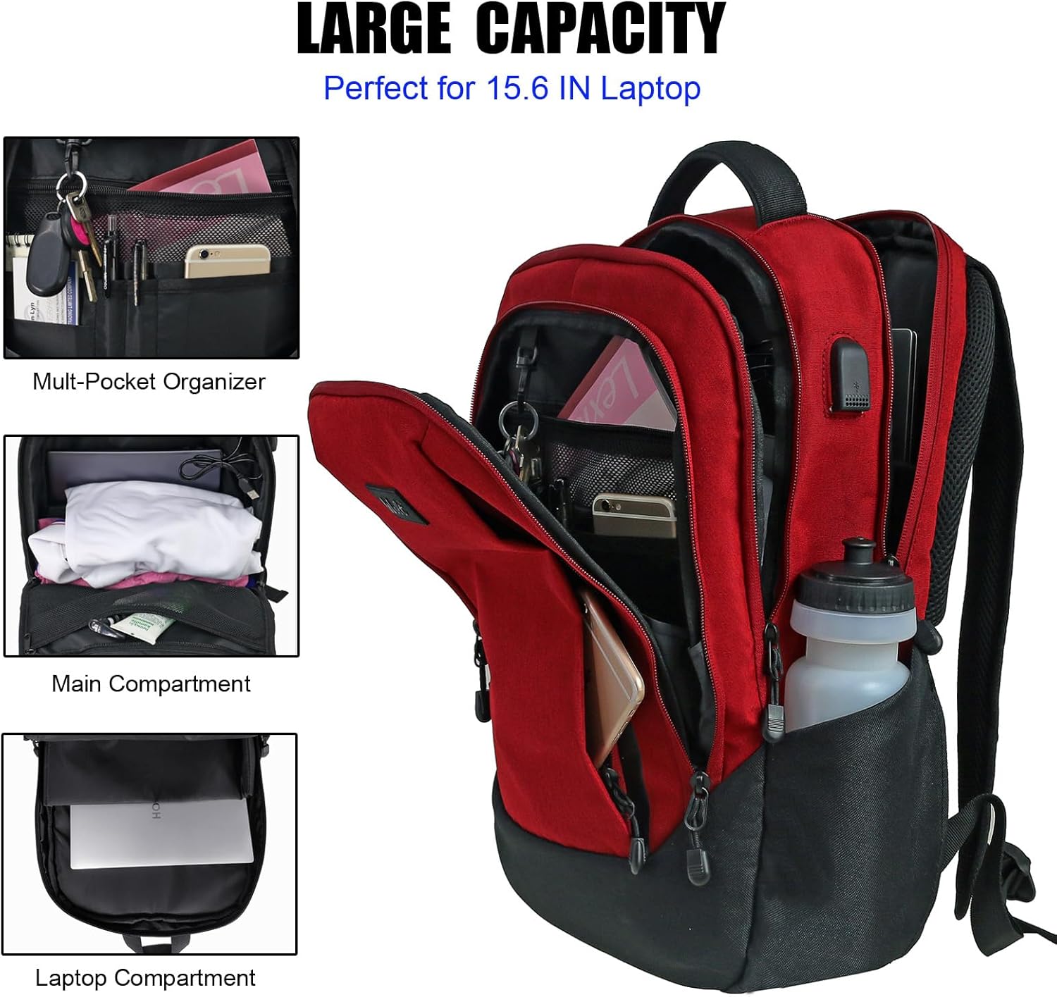 WOLT  Mochila para portátil de viaje, bolsa de negocios aprobada por avión con puerto de carga USB, se adapta a portátiles de 15.6 pulgadas, Rojo