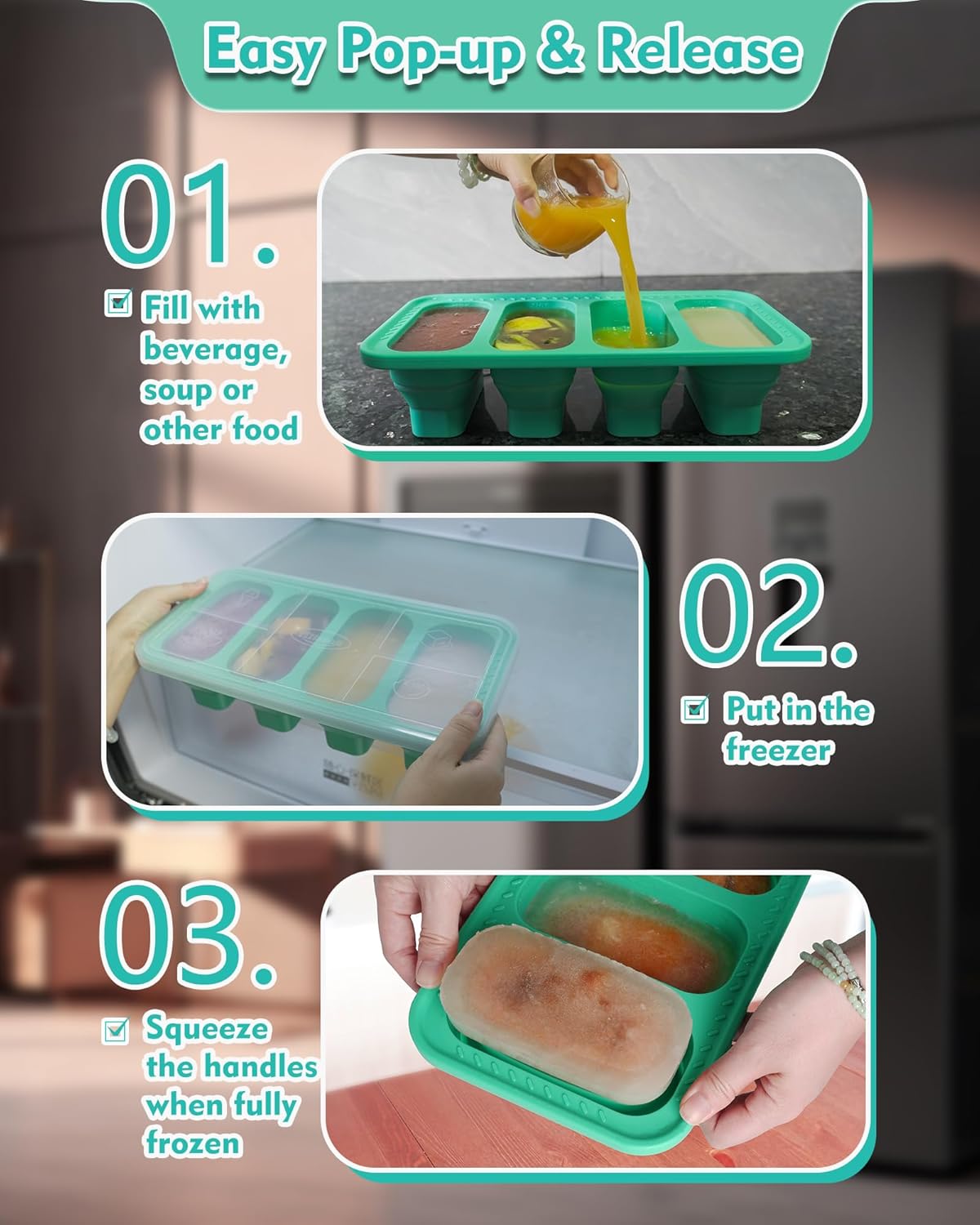 Hitseon – Bandeja de silicona para congelador con tapa, contenedores plegables extra grandes de silicona para congelador, 3 tazas, 12.7 fl oz,
