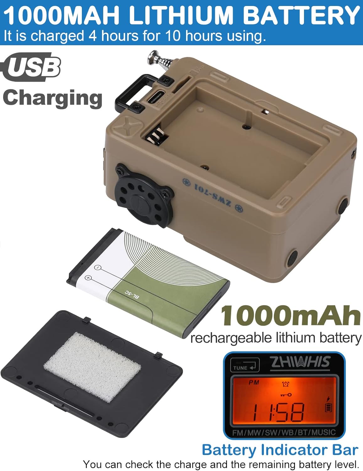 ZHIWHIS Radio de onda corta reproductor de MP3 con radios meteorológicos portátil AM FM altavoz Bluetooth retro con 6 modos de ecualización receptor - Imagen 6