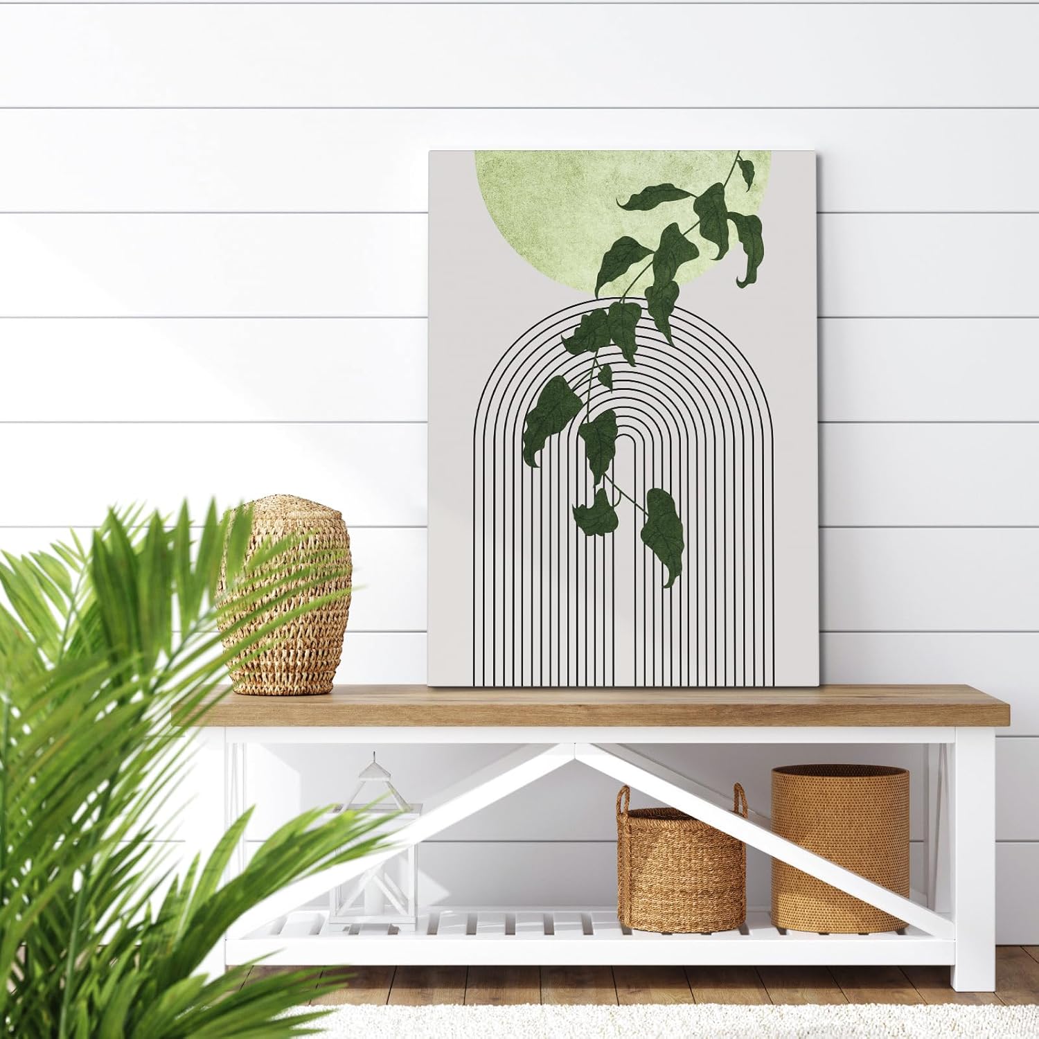 Juego de 3 lienzos de pared en lienzo verde salvia, arte de pared bohemio enmarcado de mediados de siglo, arte de pared moderno minimalista