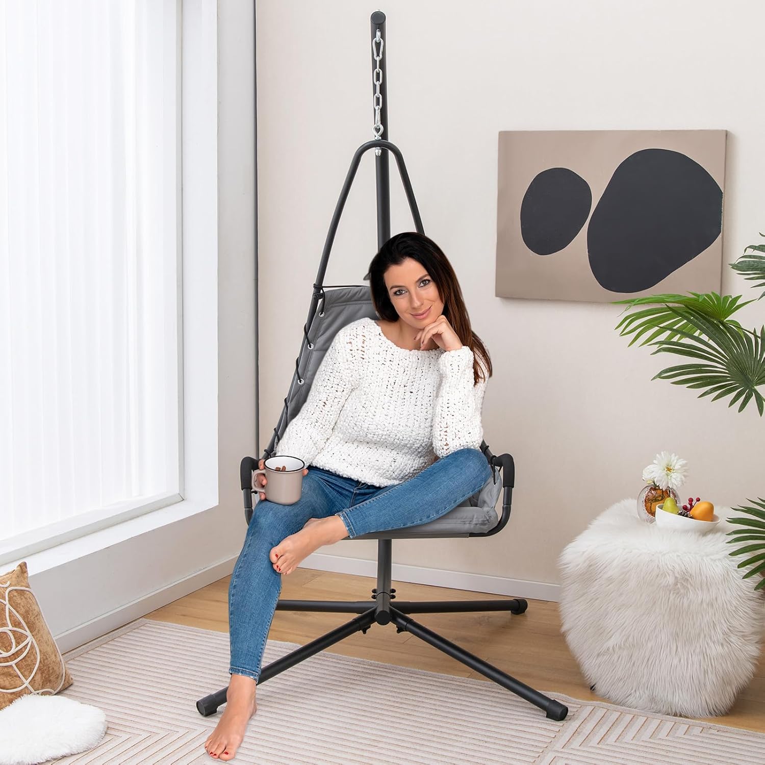 Giantex Silla colgante con soporte, hamaca columpio con asiento acolchado extragrande, marco de metal resistente, silla hamaca para interiores y