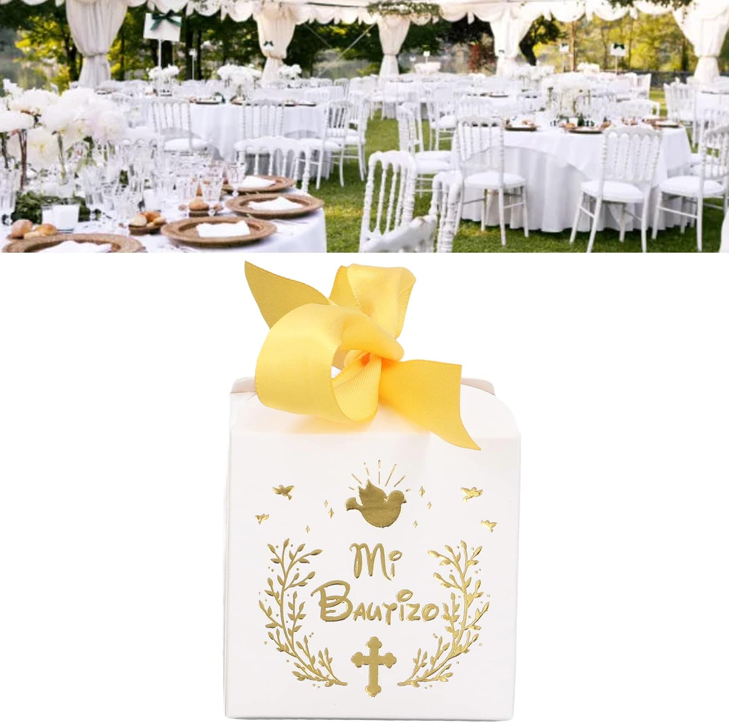 AUNMAS 50 cajas de dulces para fiesta de boda, material de papel, caja de regalo con patrón de Mi Bautizo con cinta dorada, cajas de regalo de boda
