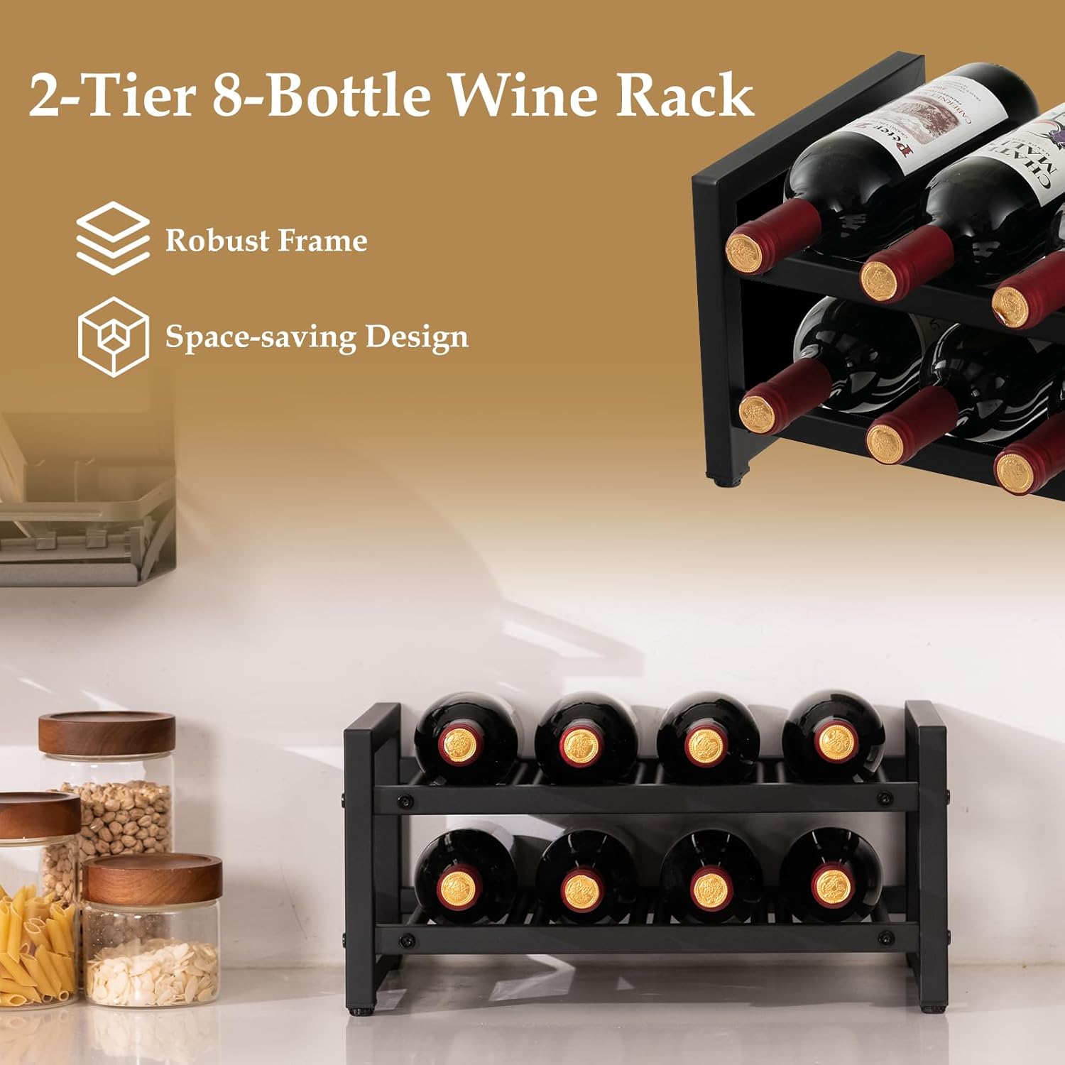 GOFLAME Estante de vino de 2 niveles, estante de exhibición de vino de encimera independiente con almohadillas ajustables para los pies, superficie