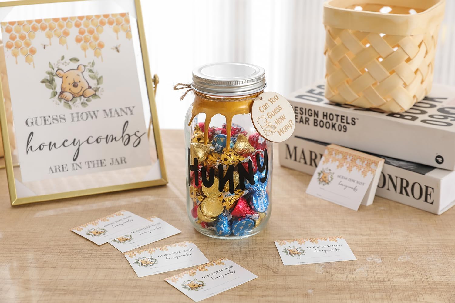 Winnie Guests – Tarro de juego de adivina cuántos panales para baby shower, decoración de fiesta de recién nacidos, suministros de fiesta