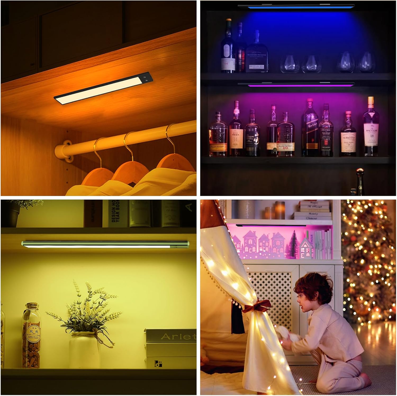 Luces LED RGB para debajo del gabinete, luz LED RGB con cambio de color recargable, funciona con pilas, iluminación debajo de la encimera con