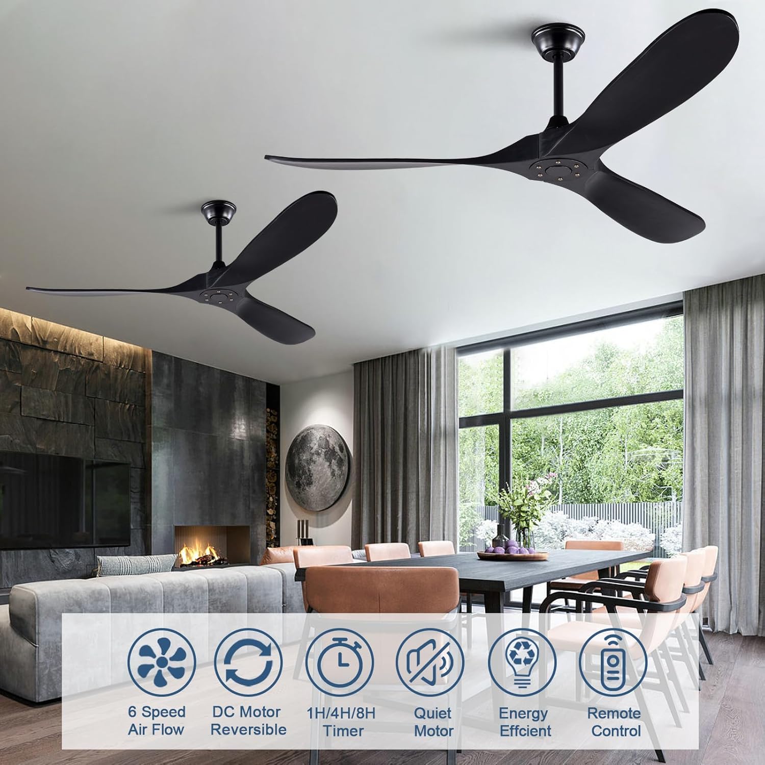 BOOMJOY Ventilador de techo de madera moderno de 60 pulgadas sin luces, motor CC reversible sin ruido, ventiladores de techo de 60 pulgadas para