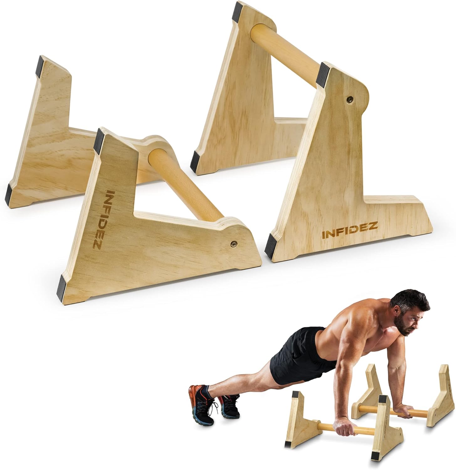Paraletas de madera ajustables de altura de 20 x 12 pulgadas y barras de empuje, barras paralelas de gimnasia antideslizantes, barras de pie, equipo