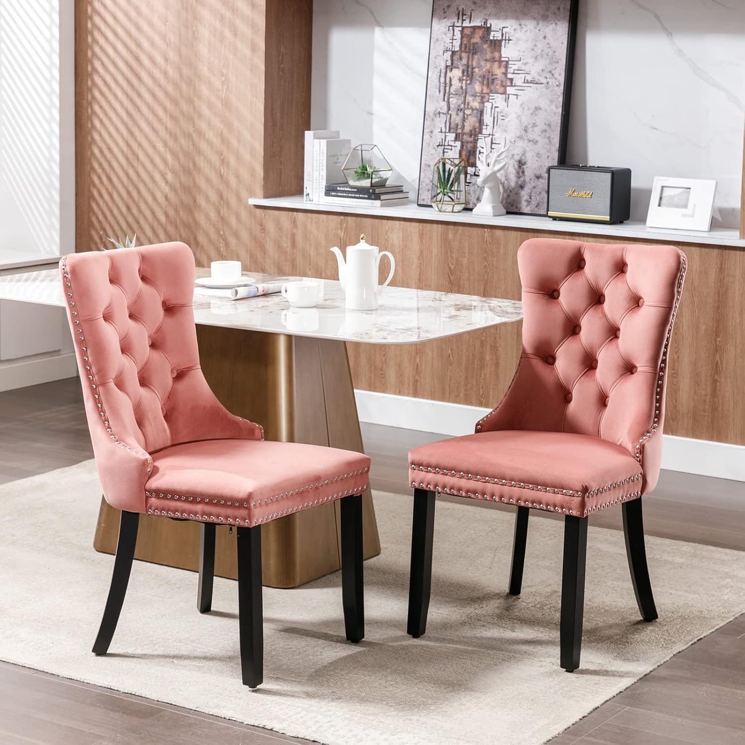 Juego de 2 sillas de comedor tapizadas, sillas de comedor de terciopelo con patas de madera, ribete de cabeza de clavo, sillas decorativas copetudas