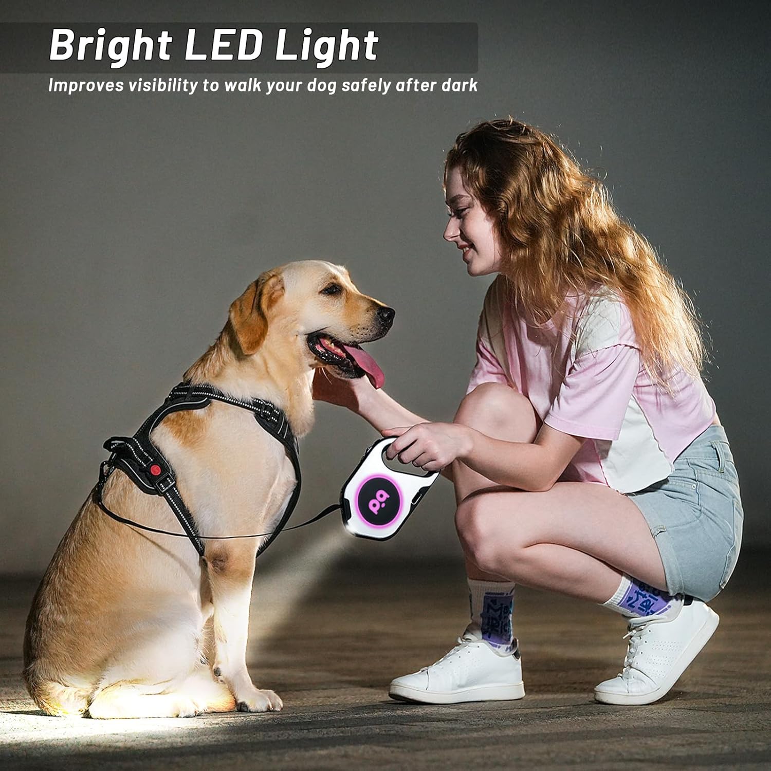 QQPETS Correa retráctil para perro con luz LED recargable, cinta de nailon resistente de 16 pies para paseos nocturnos de hasta 88 libras de