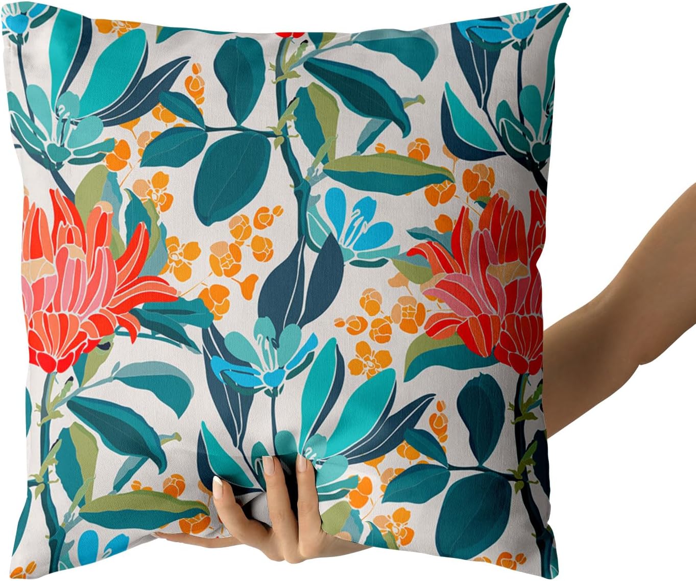 Juego de 2 fundas de almohada de 16 x 16 pulgadas con diseño floral de coral verde turquesa, hojas y flores naranjas, fundas de cojín de algodón