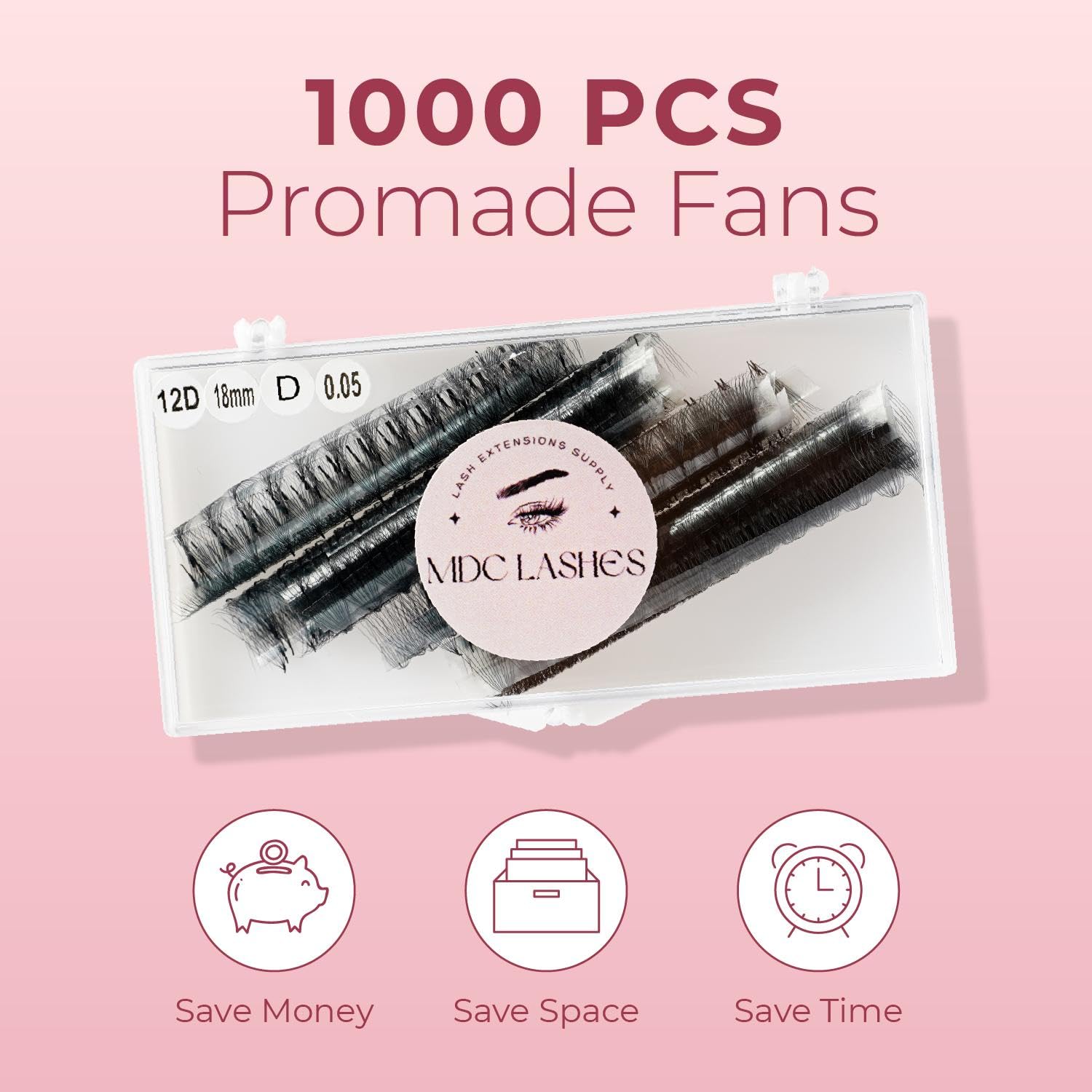 Extensiones de pestañas de volumen prefabricadas con 1000 abanicos, 5D-20D, rizado CCCD, 0.47-0.71 pulgadas de longitud, 0.050.07 de grosor,