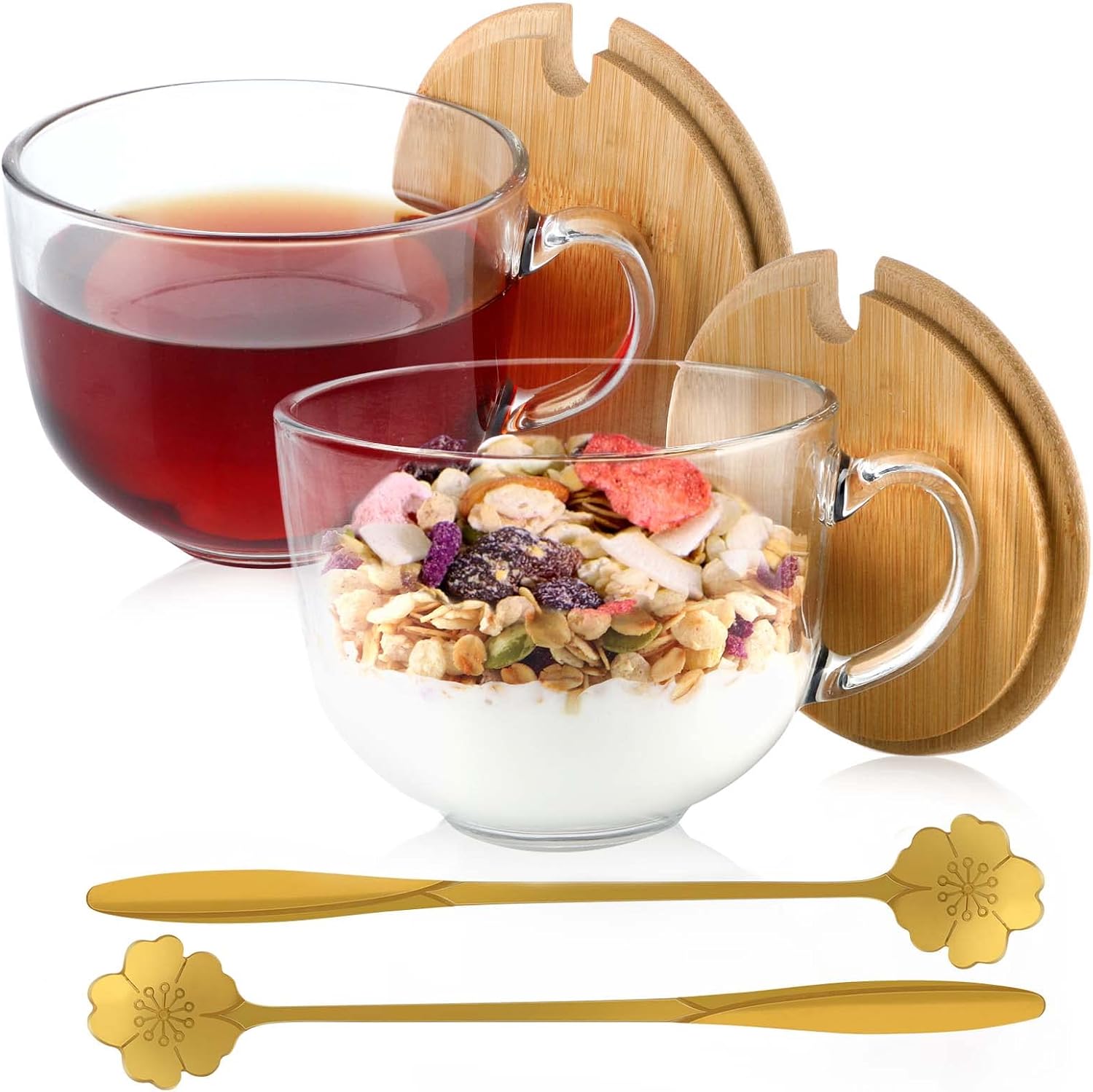 Tazas de café de 16 onzas con asa, tazas de vidrio con tapas de bambú y cucharas de flor de cerezo, vasos transparentes para té, cereales, yogur,