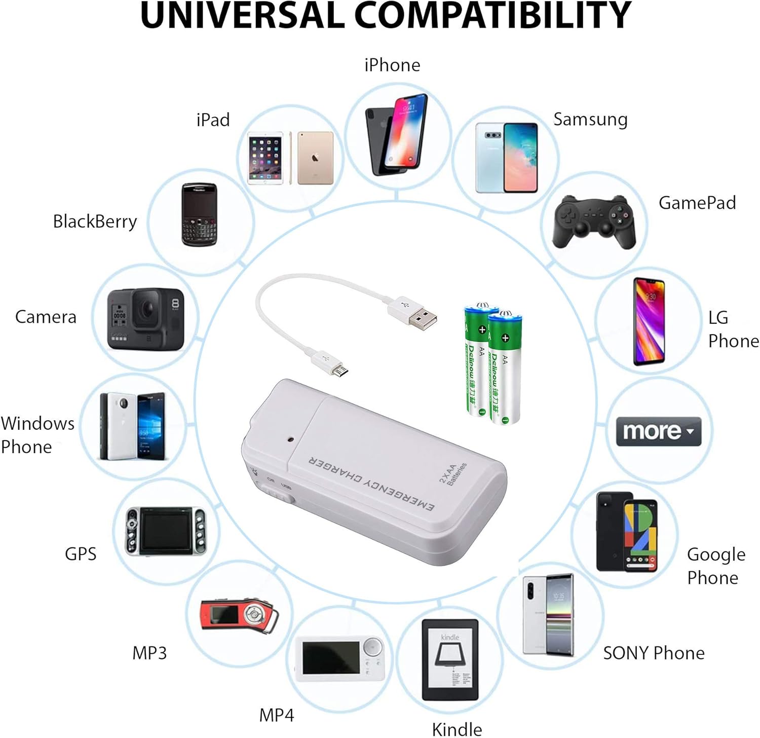 Cargador portátil de viaje de batería AA para Xiaomi Red Rice y cargador de emergencia con luz LED (toma 2 pilas AA) Blanco