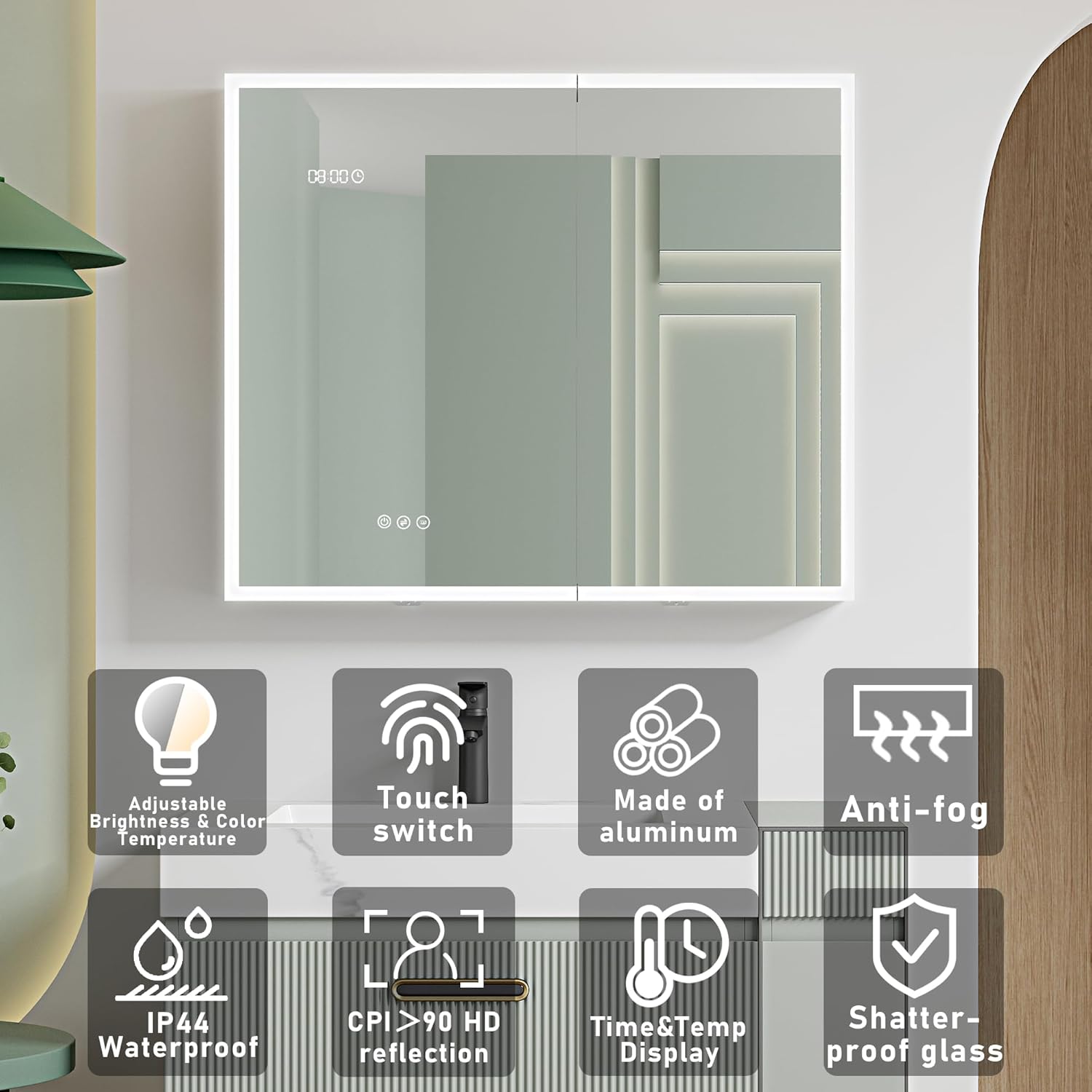 MIRPLUS Botiquín de baño de 36 x 30 pulgadas con espejo LED, 3 luces de color y ajuste de brillo, pantalla antivaho de tiempo y temperatura, montaje