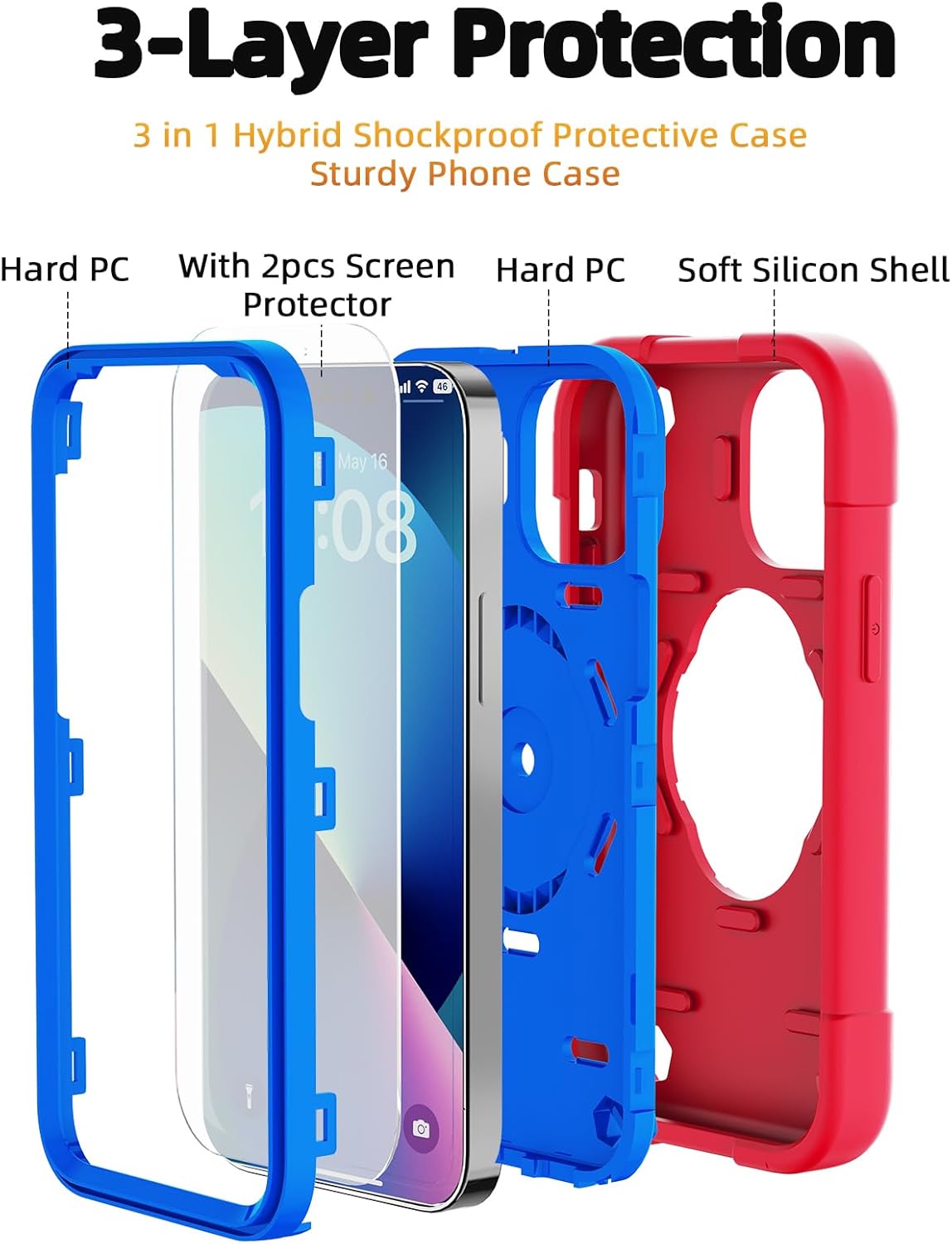 KCJ Funda compatible con iPhone 13 y iPhone 14 con 2 protectores de pantalla, protección contra caídas de grado militar, funda protectora a prueba