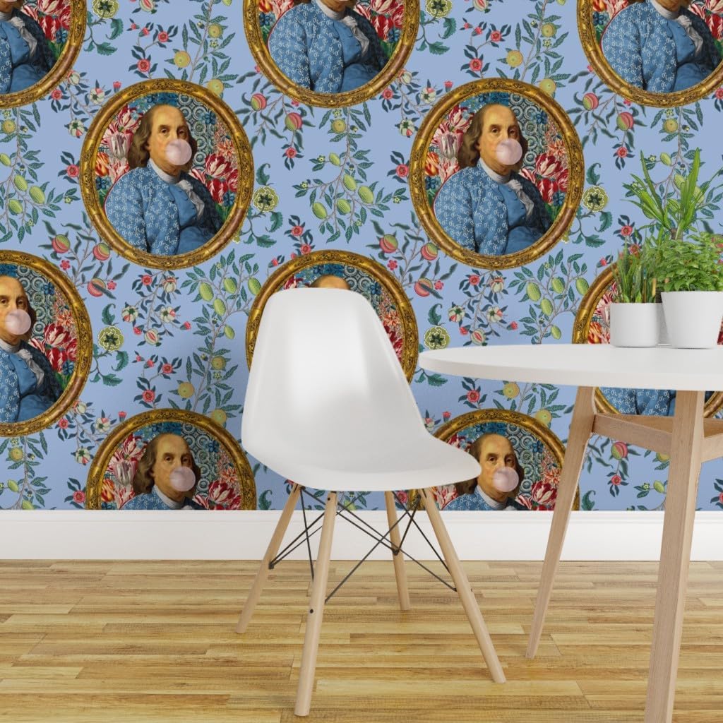 Spoonflower Papel tapiz extraíble de 12 x 2 pies  Benjamin Franklin Bubblegum Retrato Floral Estampado Azul Novedad Papel pintado personalizado