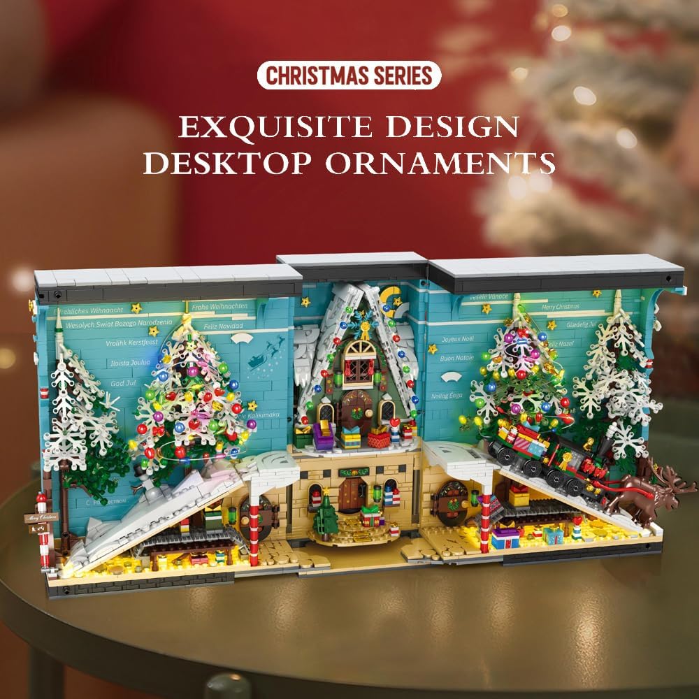 MISINI Bloques de construcción de tren de Navidad 3D 66033 2023, 3260 piezas, sujetalibros de árbol de Navidad, alce, libro de bloques con luz LED,
