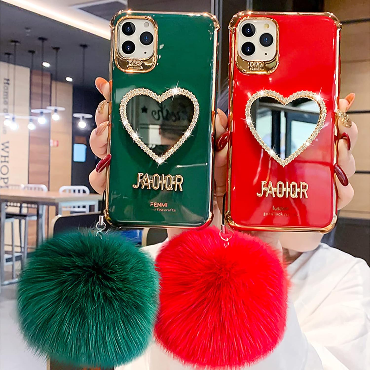 Anloes Funda de maquillaje con espejo de lujo, con marco en forma de corazón, bonita funda protectora brillante para iPhone (rojo, para iPhone 13